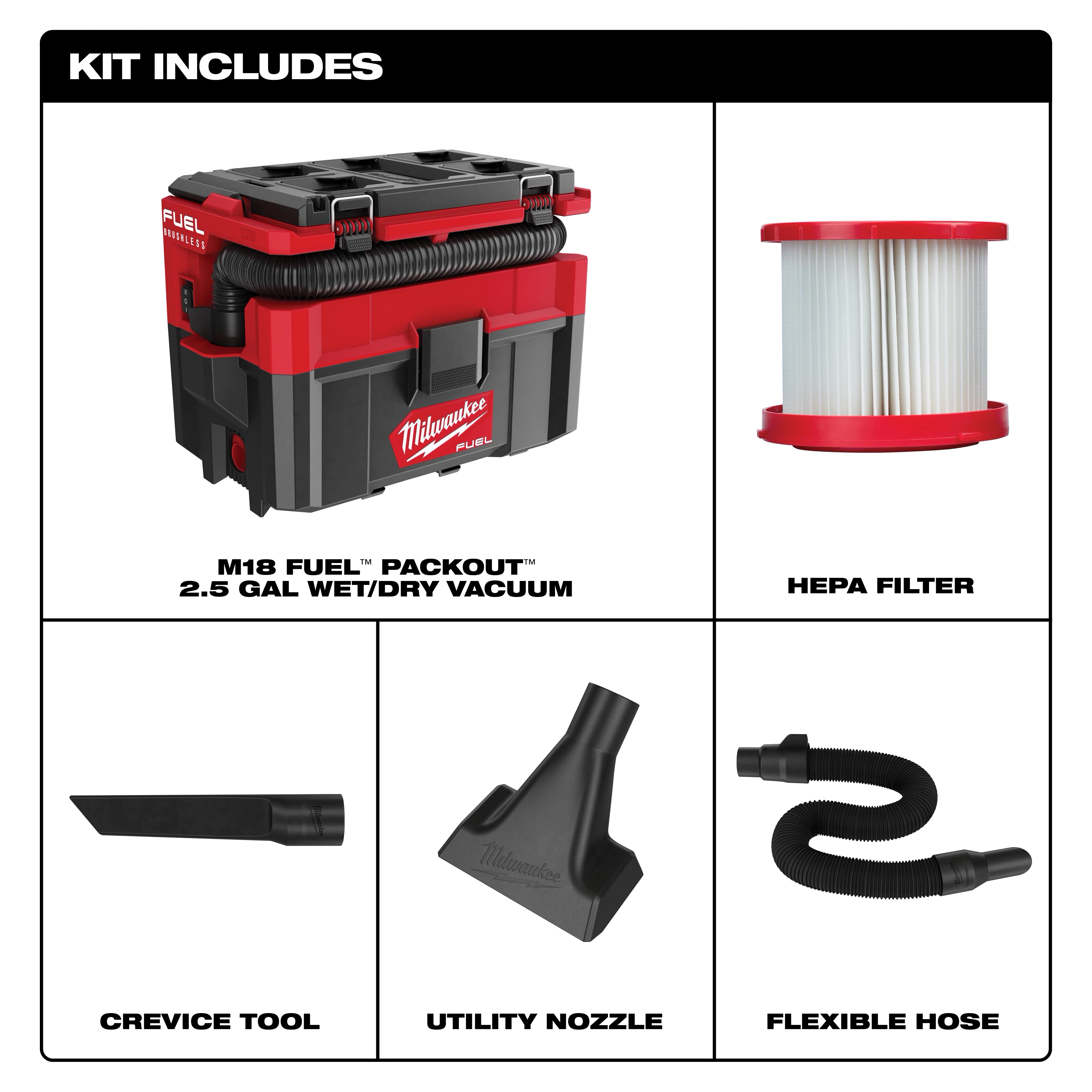 M18 FUEL PACKOUT 2.5 Gallon Wet/Dry Vacuum kit includes crevice tool, vacuum power tool adapter, HEPA filter, utility nozzle, and flexible hose.