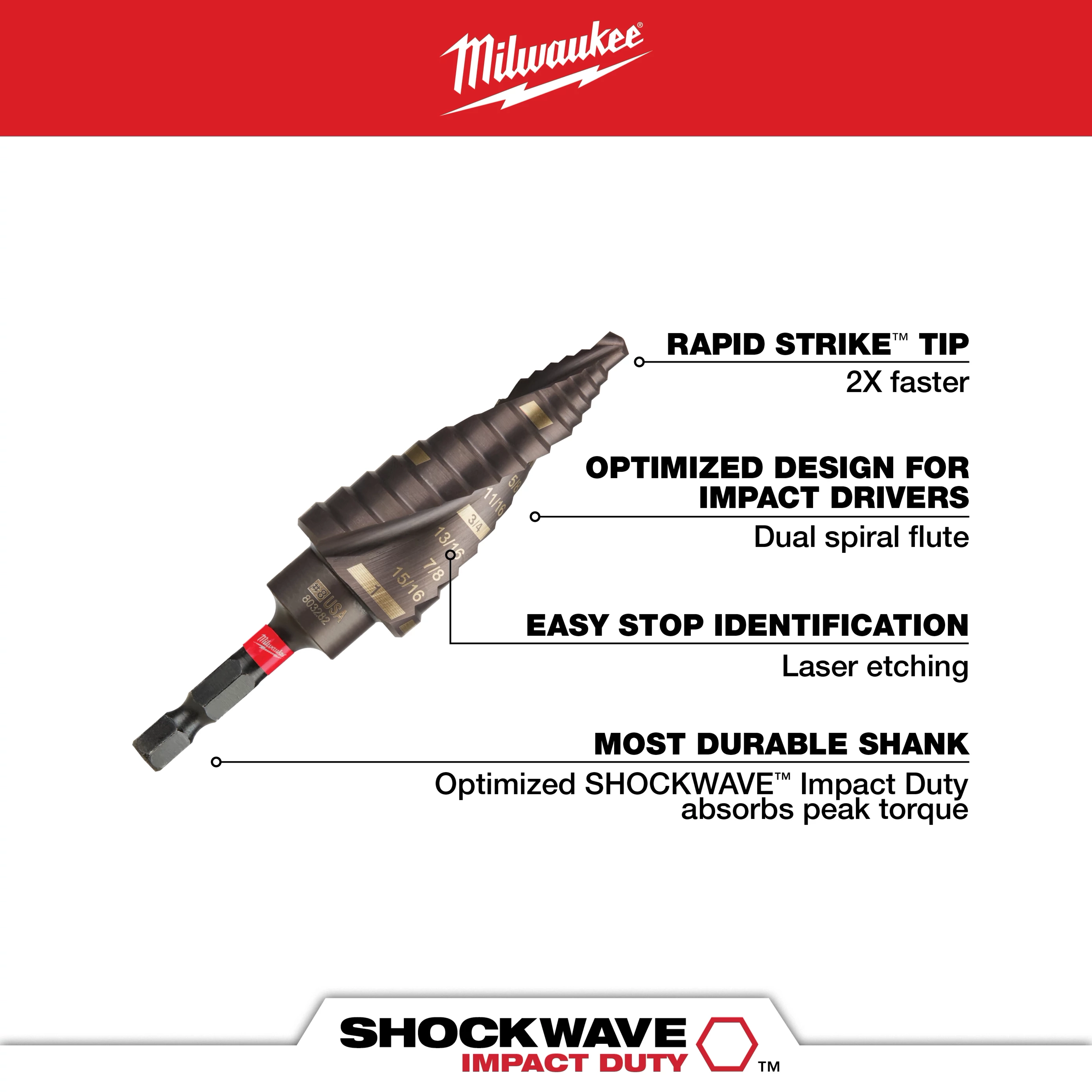 The 1/8 in. - 1 in. #8 Shockwave Impact Duty Titanium Step Bit features a Rapid Strike Tip, dual spiral flute for impact drivers, laser etched easy stop identification, and an optimized Shockwave shank for durability and torque absorption.
