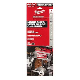 Milwaukee Thick Metal Extreme Bandsaw Blade 3 pack in packaging advertising 44 7/8" deep cut, 3x life in stainless steel, and less blade changes.