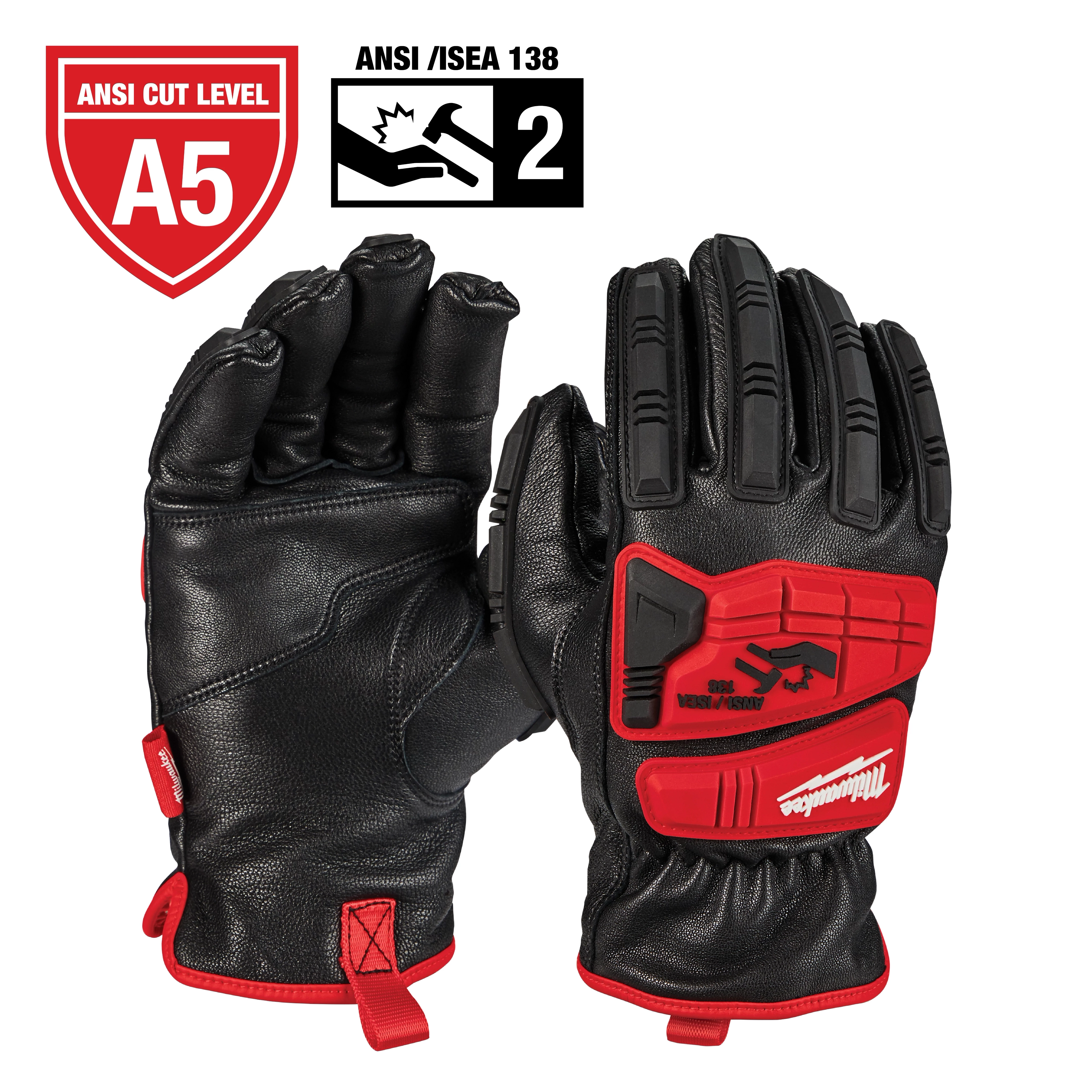 Milwaukee performance gloves featuring red and black design, ANSI Cut Level A5, and ANSI/ISEA 138 Level 2 protections.