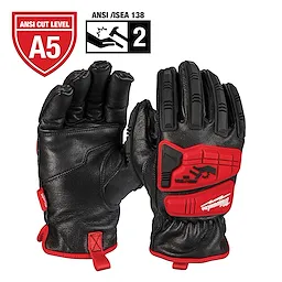 Milwaukee performance gloves featuring red and black design, ANSI Cut Level A5, and ANSI/ISEA 138 Level 2 protections.