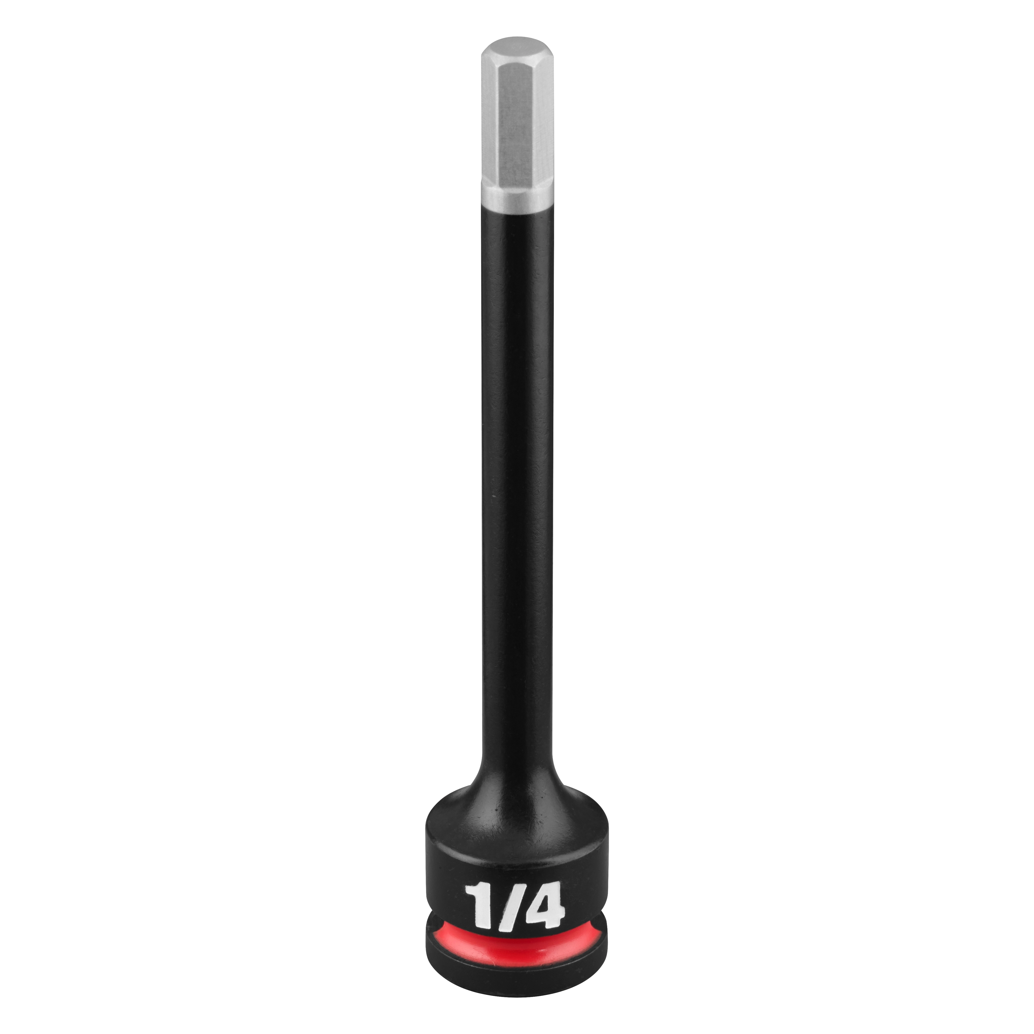 SHOCKWAVE Impact Duty 3/8" Drive 4" Hex 1/4" Bit Socket standing upright with 1/4 marking on the base.