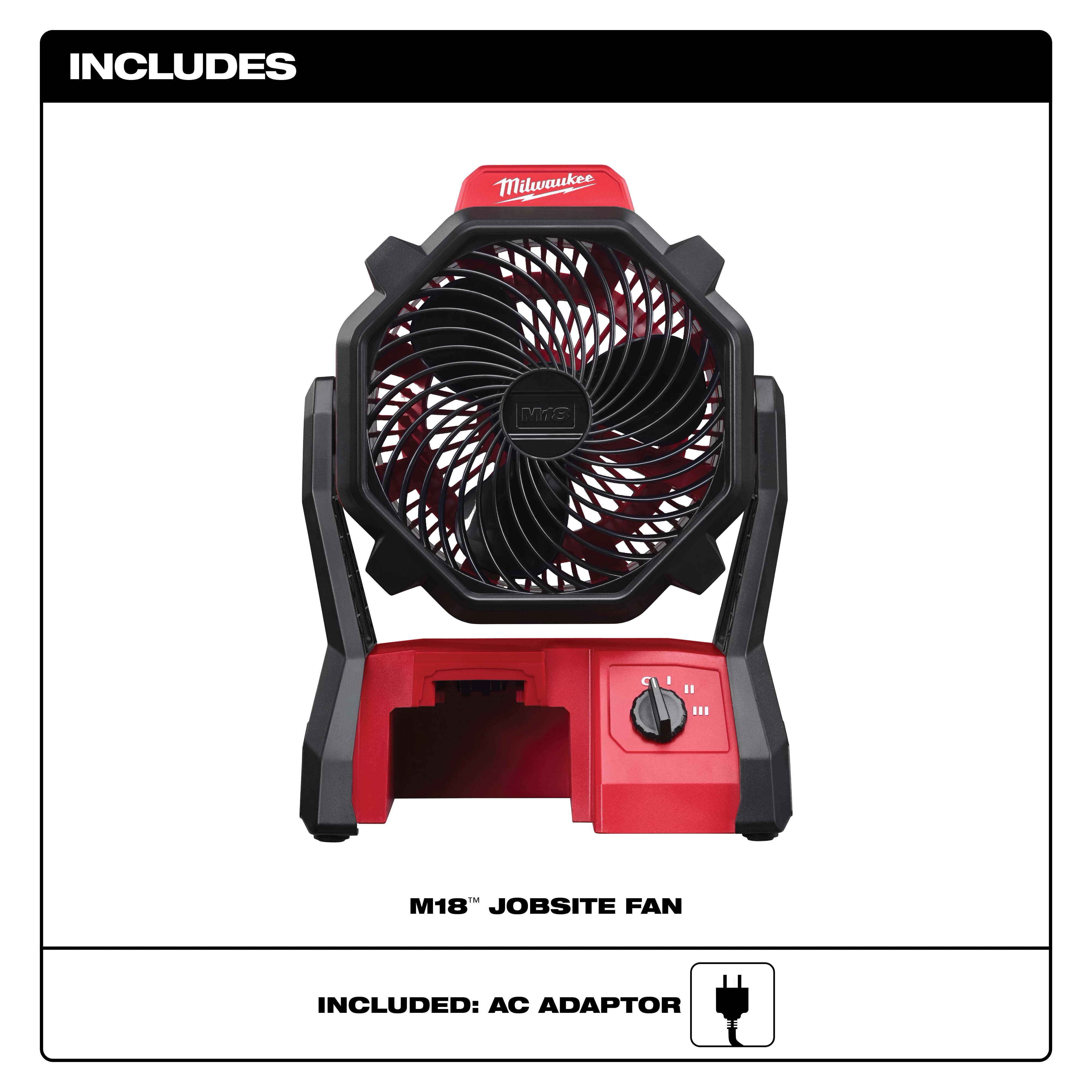 Milwaukee M18 Jobsite Fan is a durable, portable fan in red and black, featuring an adjustable dial. Includes an AC adaptor.