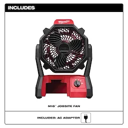 Milwaukee M18 Jobsite Fan is a durable, portable fan in red and black, featuring an adjustable dial. Includes an AC adaptor.