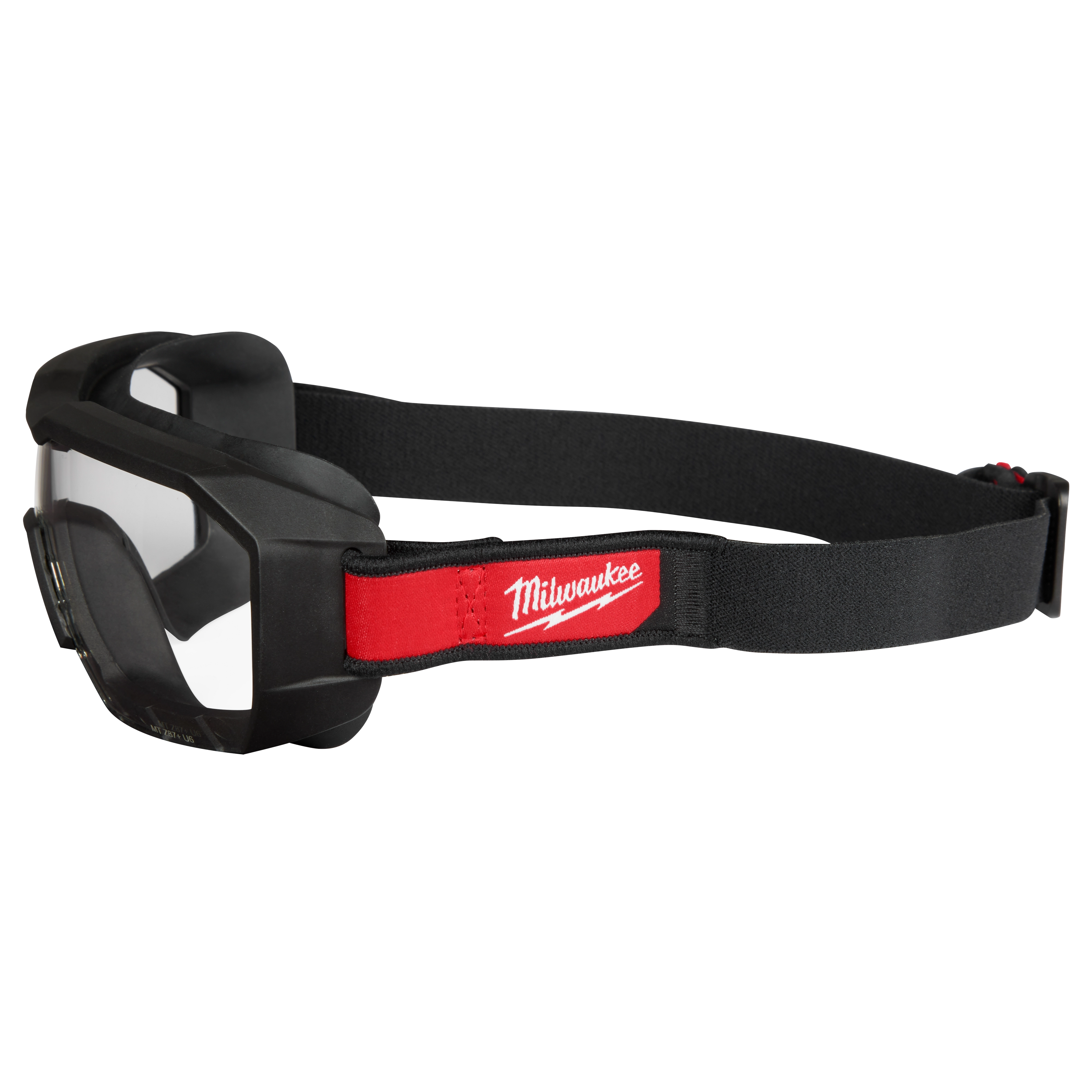 Vented Low-Profile Goggles with Clear Dual Coat Lens featuring a black frame and adjustable black strap with red branding.