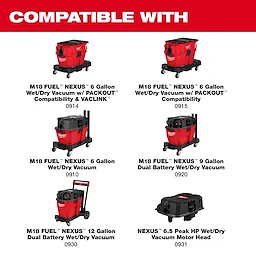 The 1-7/8" x 9' Flexible Hose is compatible with various Milwaukee M18 FUEL NEXUS vacuum models listed, including 6 Gallon Wet/Dry Vacuums, a 9 Gallon Dual Battery Wet/Dry Vacuum, a 12 Gallon Dual Battery Wet/Dry Vacuum, and a 6.5 Peak HP Wet/Dry Vacuum Motor Head.