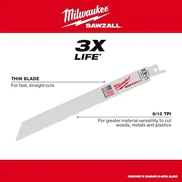 The image features the Milwaukee Sawzall blade, Standard Multi-Material 8/12 Walkaround. It highlights a thin blade for fast, straight cuts and has 8/12 TPI (teeth per inch) for versatility in cutting wood, metal, and plastic. The product claims 3x life compared to standard bi-metal blades.