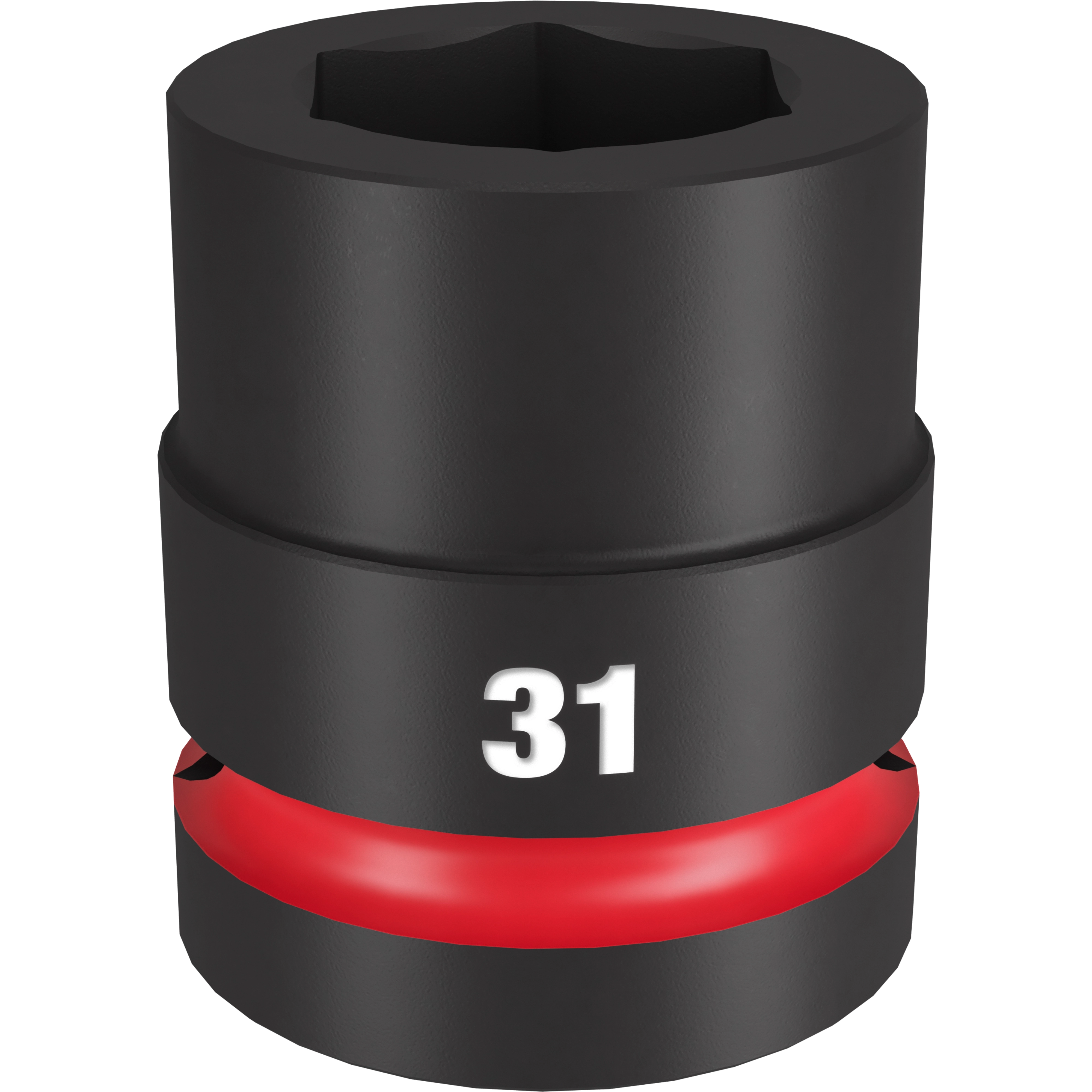 1" DR 31MM STD Impact Socket is a black, cylindrical tool with a red band and large white "31" marking. Designed for heavy-duty applications, it features a hexagonal opening for attaching to impact wrenches.