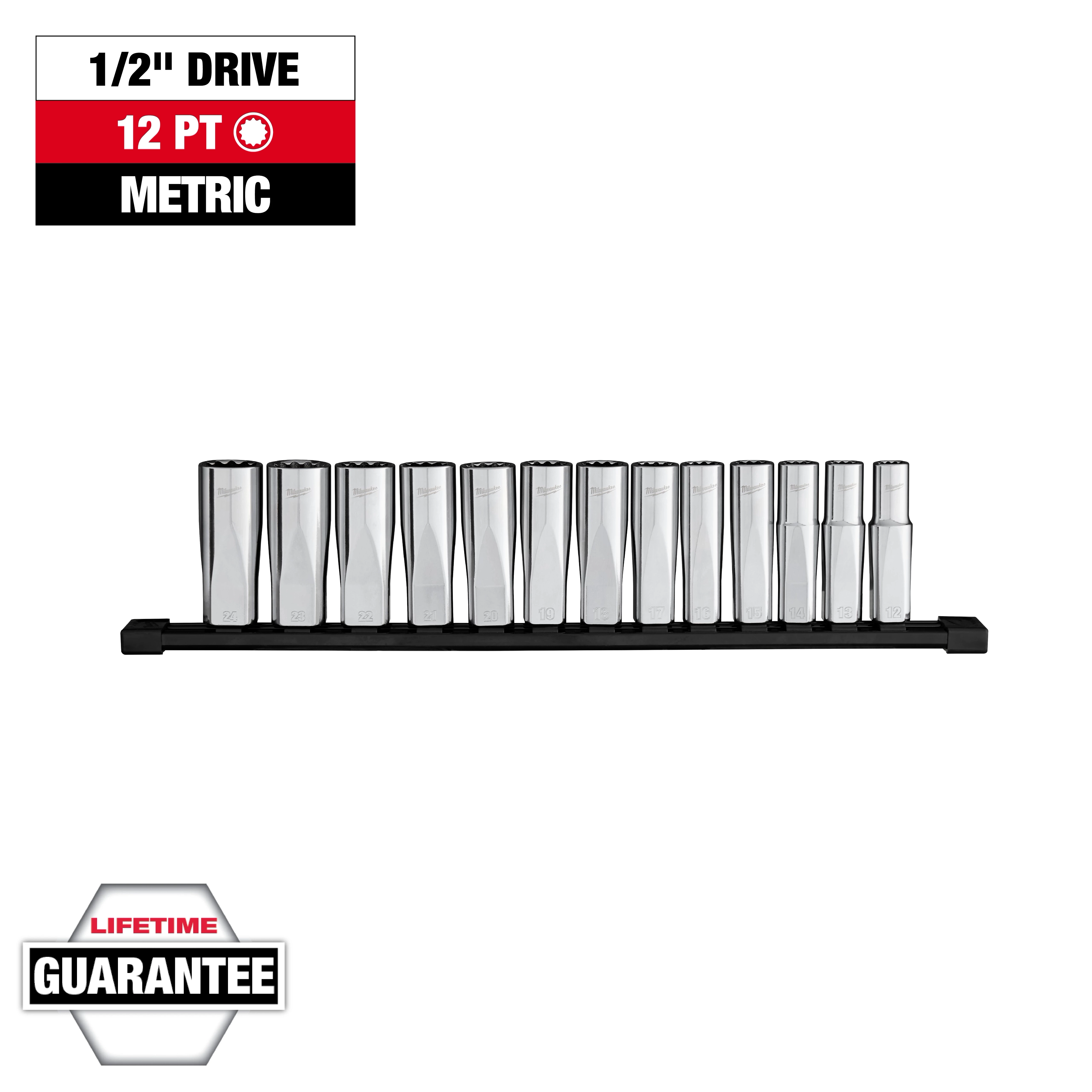 The image shows a 13pc 1/2” Drive 12-Point Deep Well Metric Socket Set, arranged neatly in a row on a black holder. The set is advertised with a lifetime guarantee, featuring 12-point socket design for enhanced grip.