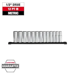 The image shows a 13pc 1/2” Drive 12-Point Deep Well Metric Socket Set, arranged neatly in a row on a black holder. The set is advertised with a lifetime guarantee, featuring 12-point socket design for enhanced grip.