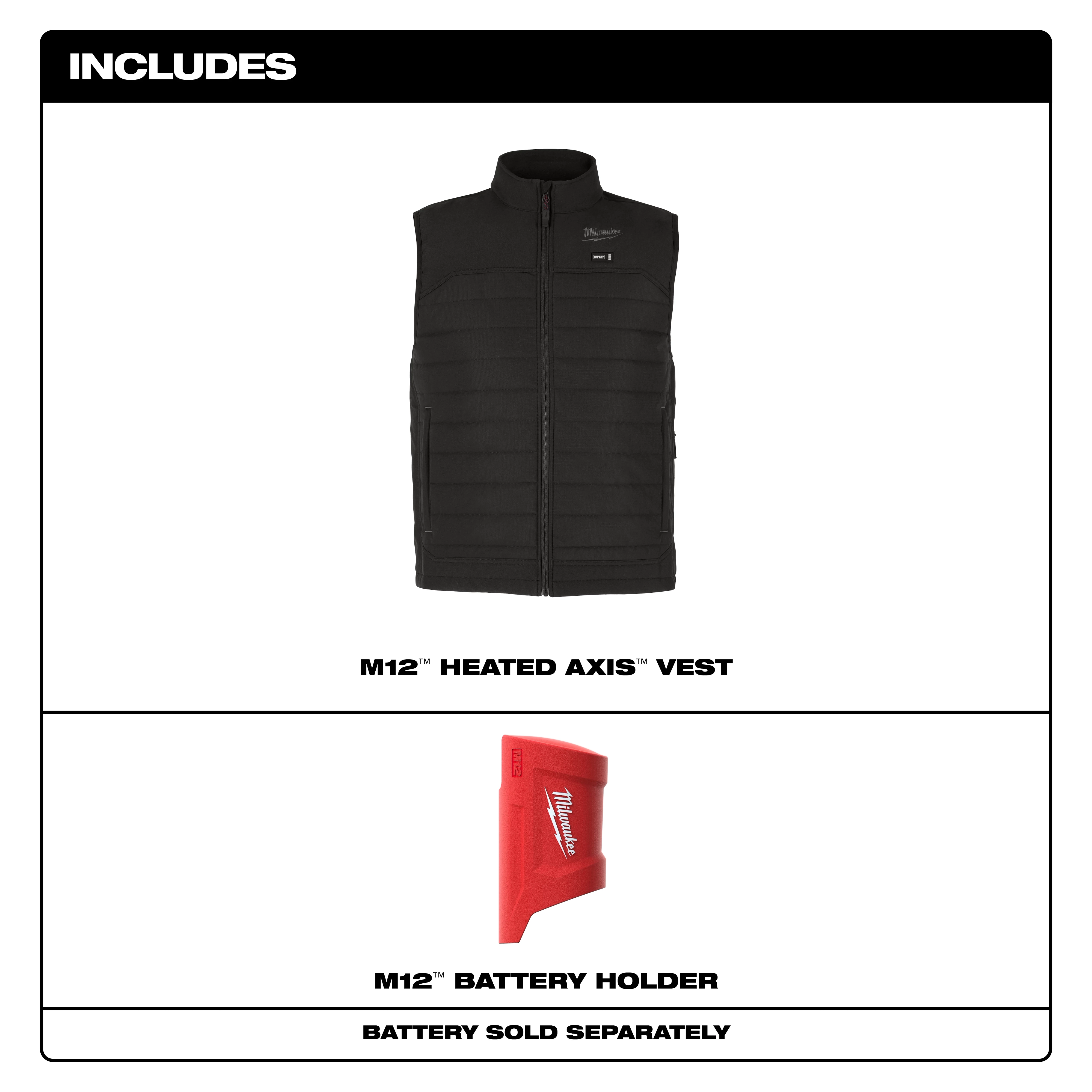 M12 Heated AXIS Jacket bundle includes a black heated vest and a red M12 battery holder. Battery sold separately.