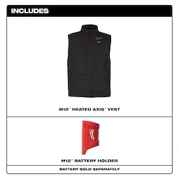 M12 Heated AXIS Jacket bundle includes a black heated vest and a red M12 battery holder. Battery sold separately.