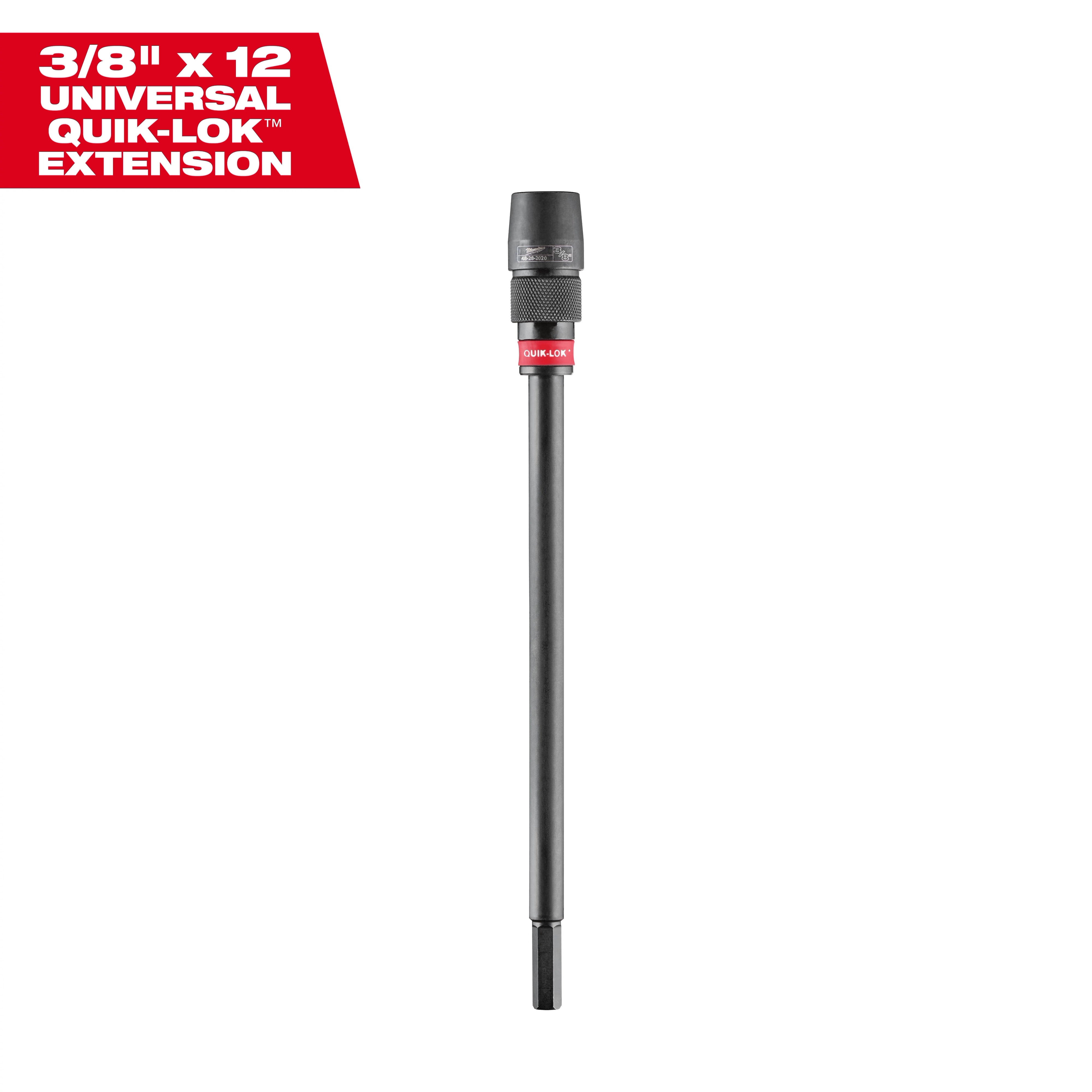 3/8" x 12" Universal QUIK-LOK Extension with black shaft and red collar, designed for use with various power tools.