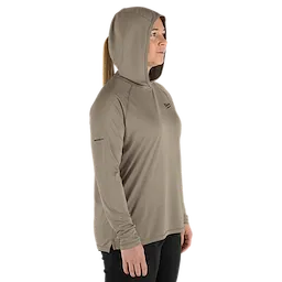 The Women's WORKSKIN Hooded Sun Shirt – Sandstone features a lightweight, long-sleeve design with a hood for sun protection. The shirt is shown in a neutral sandstone color.