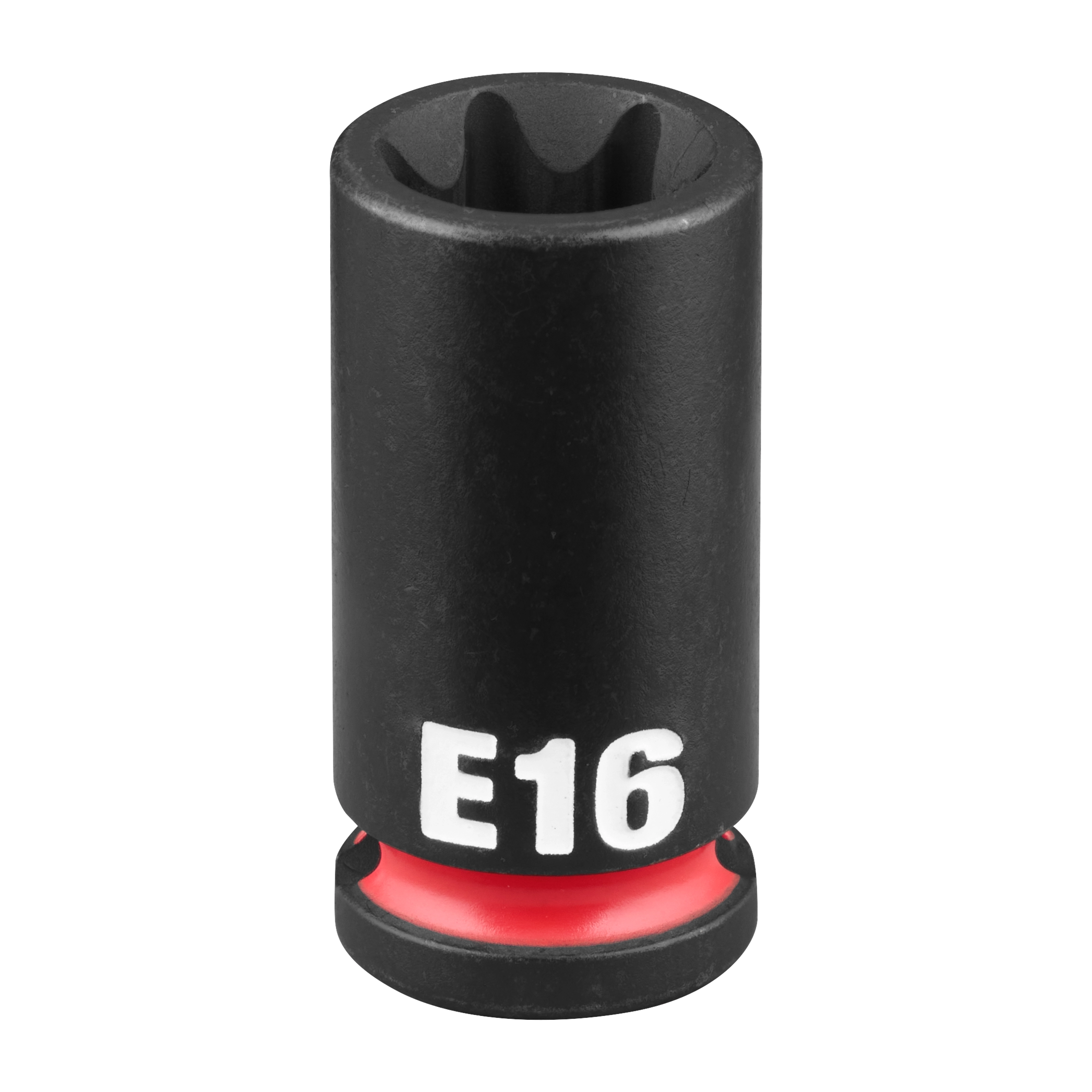 The SHOCKWAVE Impact Duty 3/8" Drive E-Torx E16 Bit Socket is a cylindrical, black tool with the marking "E16" in white.