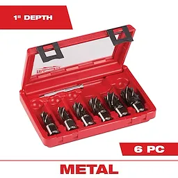 The High Speed Steel Annular Cutter Kit With 3/4 in. Weldon Shank (6-Piece) is shown in a red plastic case. The kit includes six black and silver cutters, designed for 1-inch depth metal cutting.