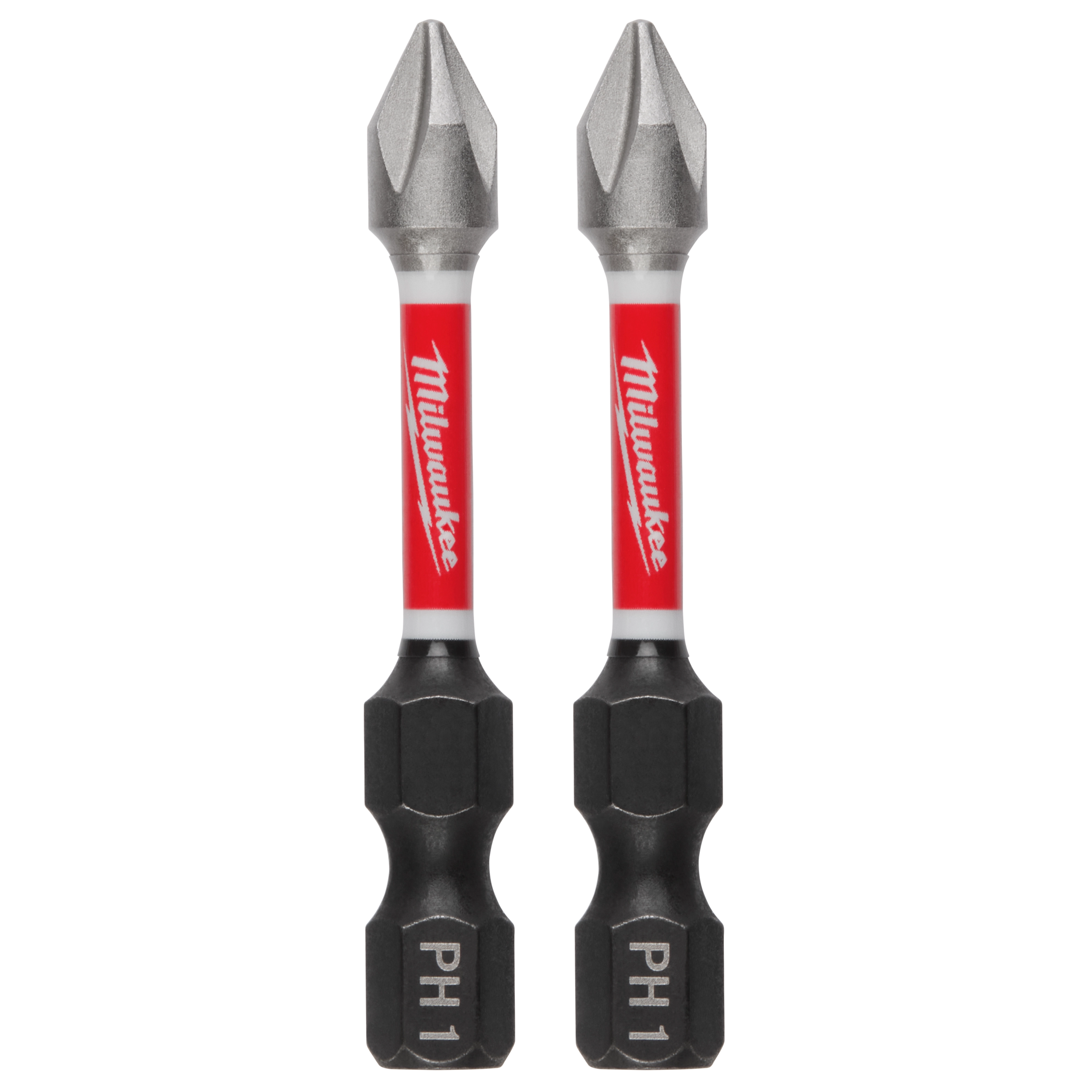 This image shows two SHOCKWAVE™ Impact Duty 2" PH1 Bits (2 Pk) by Milwaukee. The bits are designed for heavy-duty impact applications, featuring a red and white section with the Milwaukee logo and black PH1 ends.