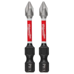 This image shows two SHOCKWAVE™ Impact Duty 2" PH1 Bits (2 Pk) by Milwaukee. The bits are designed for heavy-duty impact applications, featuring a red and white section with the Milwaukee logo and black PH1 ends.