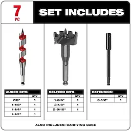 Plumbers' Selfeed Bit Kit (7 PC) includes four auger bits, three selfeed bits, one 5-1/2" extension, and a carrying case.