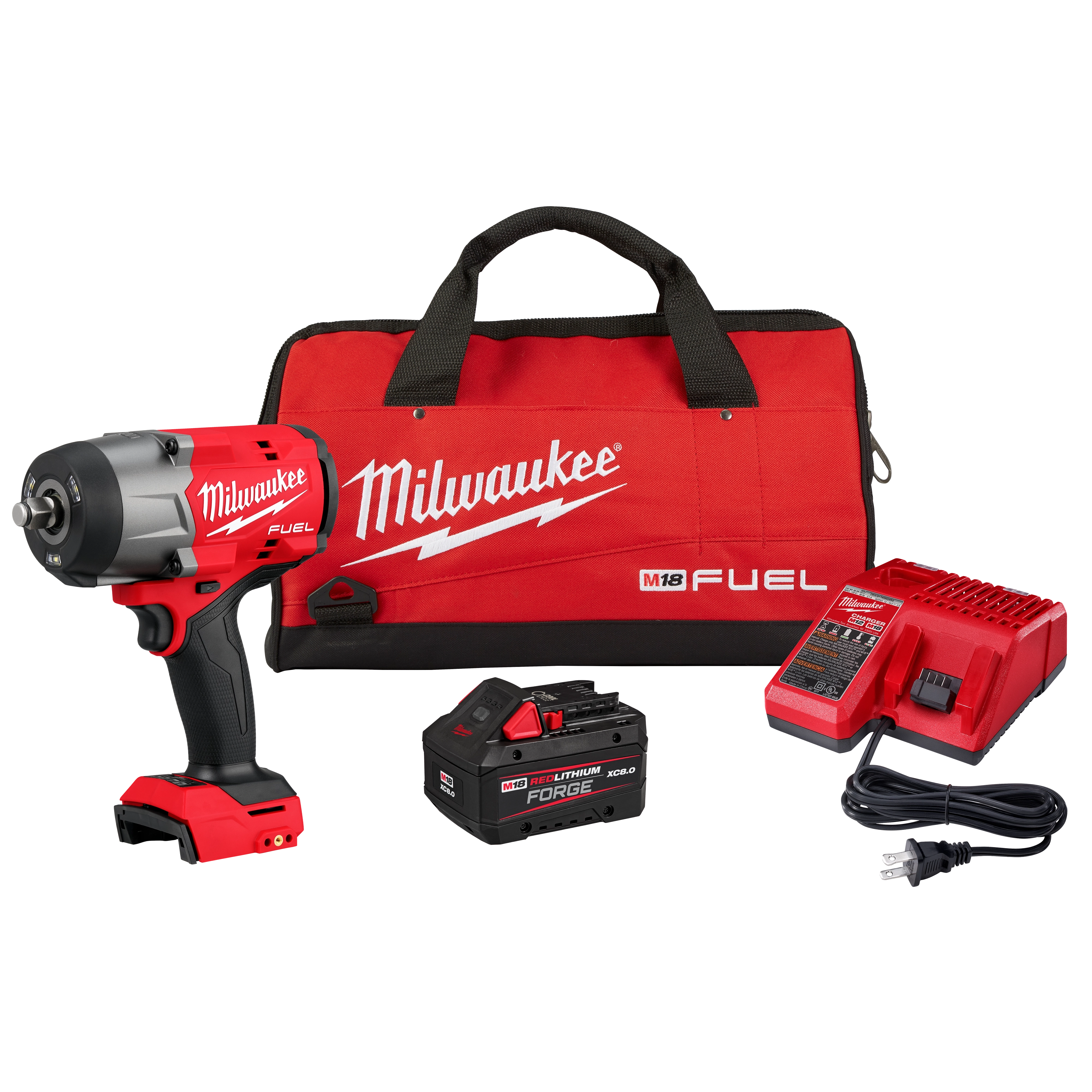 The image shows the M18 FUEL™ 1/2" High Torque Impact Wrench with Friction Ring Kit, including the wrench, battery, charger, and a red Milwaukee carrying bag with black handles and "Milwaukee" branding.