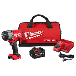 The image shows the M18 FUEL™ 1/2" High Torque Impact Wrench with Friction Ring Kit, including the wrench, battery, charger, and a red Milwaukee carrying bag with black handles and "Milwaukee" branding.