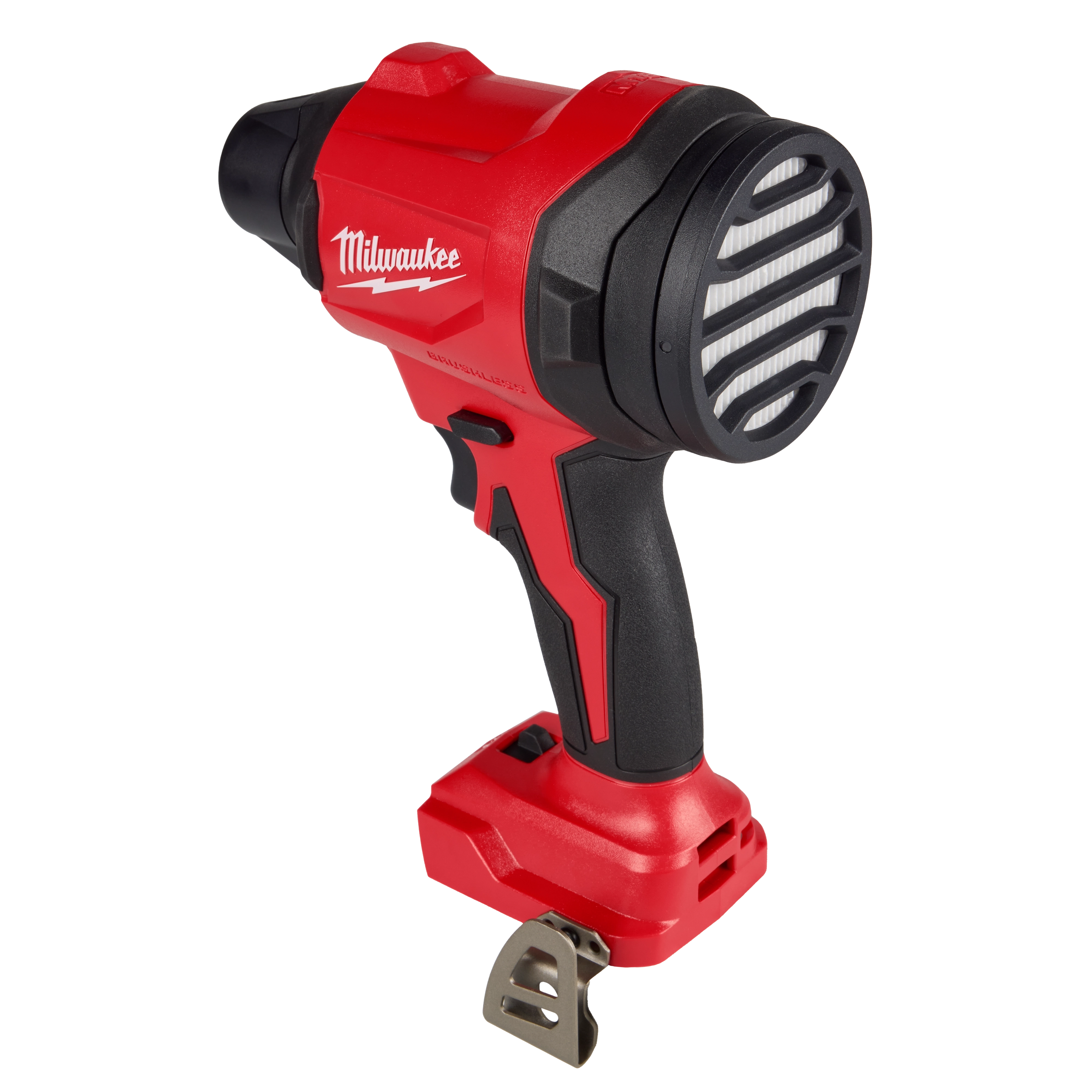 The Milwaukee M18™ Brushless Precision Blower is a red and black, handheld, cordless blower designed for precise air control. It features a brushless motor for enhanced performance and durability. The blower has a comfort grip handle and a lanyard hook for easy portability.
