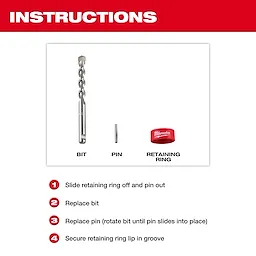 The image shows instructions for replacing a drill bit. It includes pictures of a bit, pin, and retaining ring. The steps are: 1) Remove the retaining ring and pin. 2) Replace the bit. 3) Reinsert the pin. 4) Secure the retaining ring.