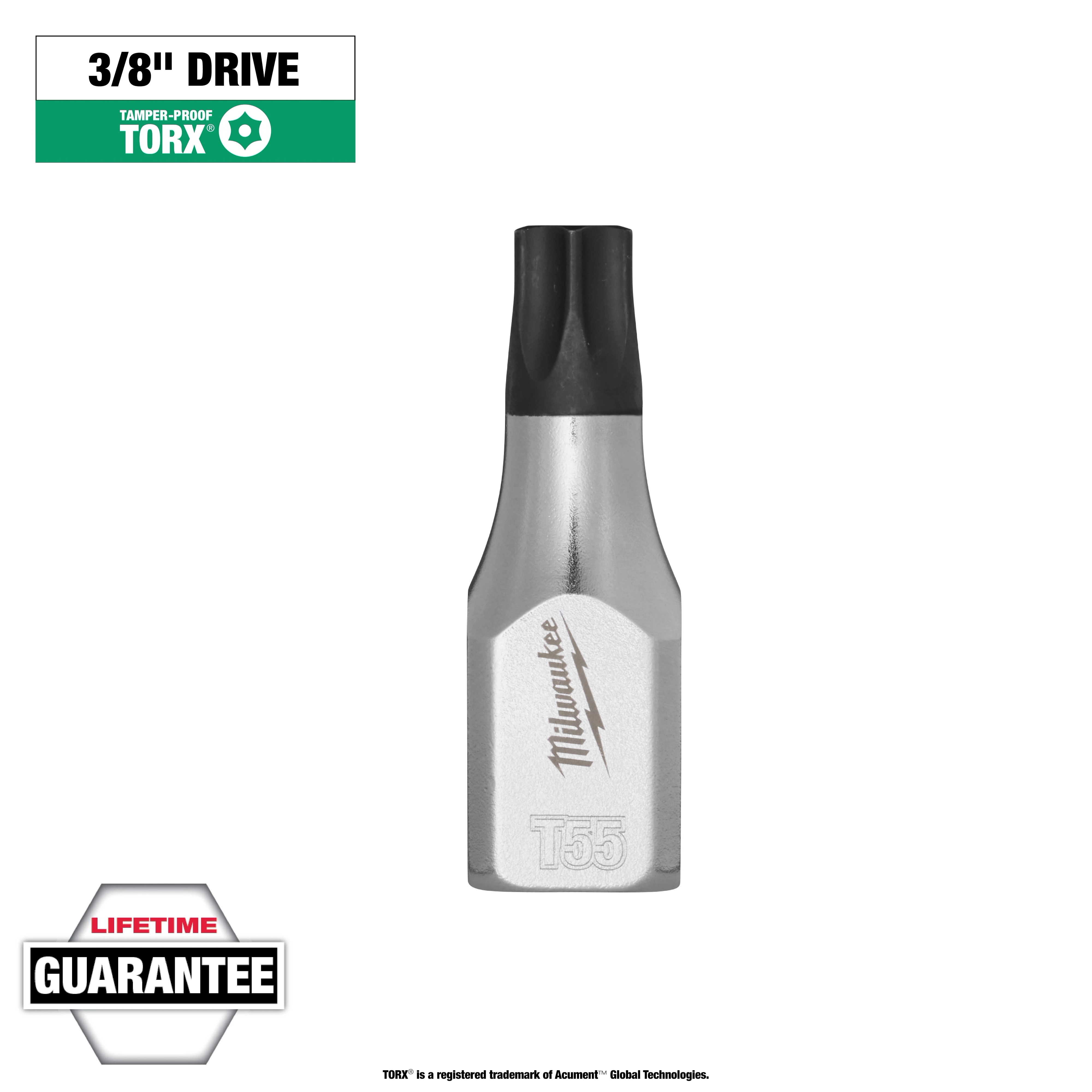 1/4" Drive T55 Tamper Proof TORX Bit Socket with a silver finish, black tip, and a lifetime guarantee badge on a white background.