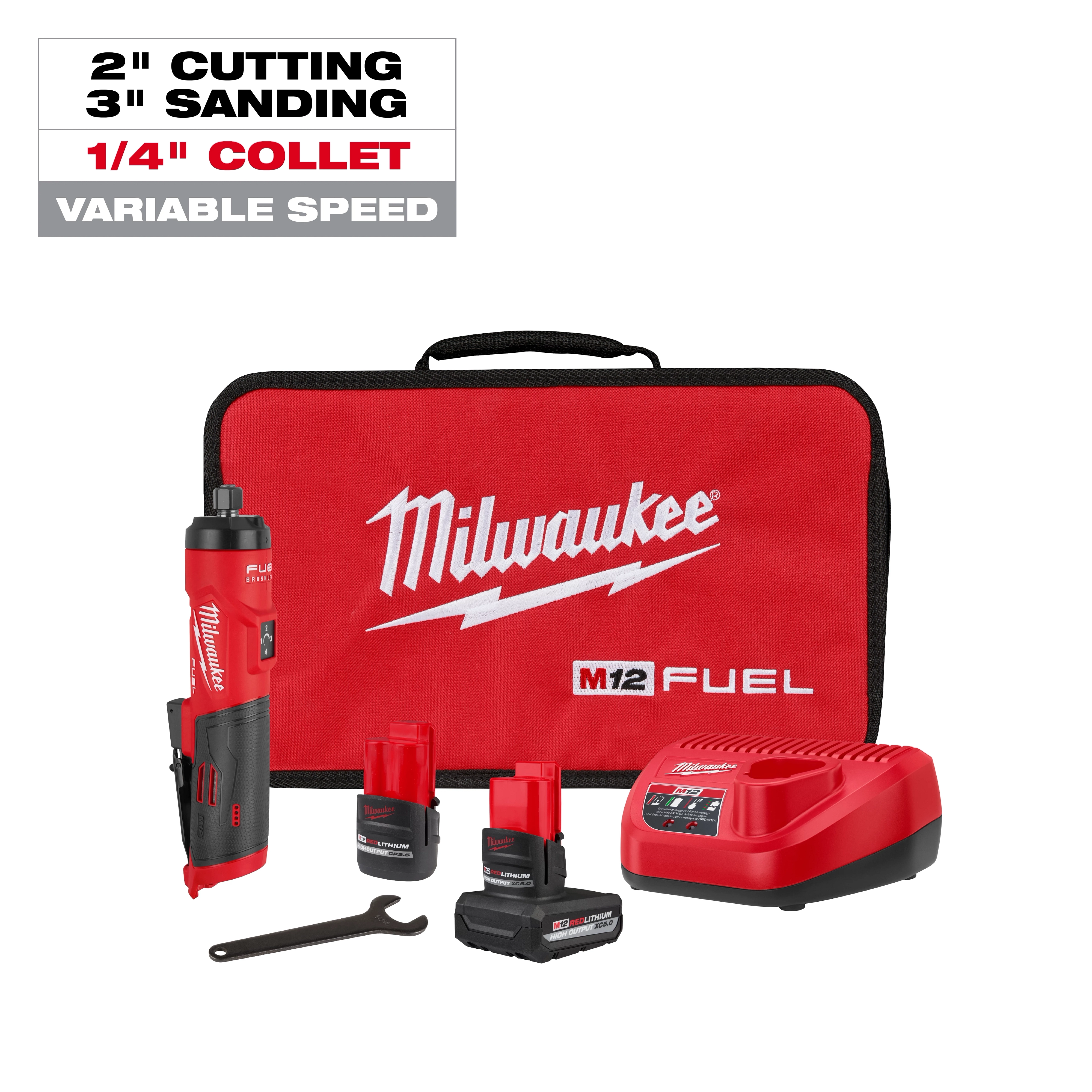 M12 FUEL 1/4" Straight Die Grinder kit with tool, batteries, charger, wrench, and red carrying bag.