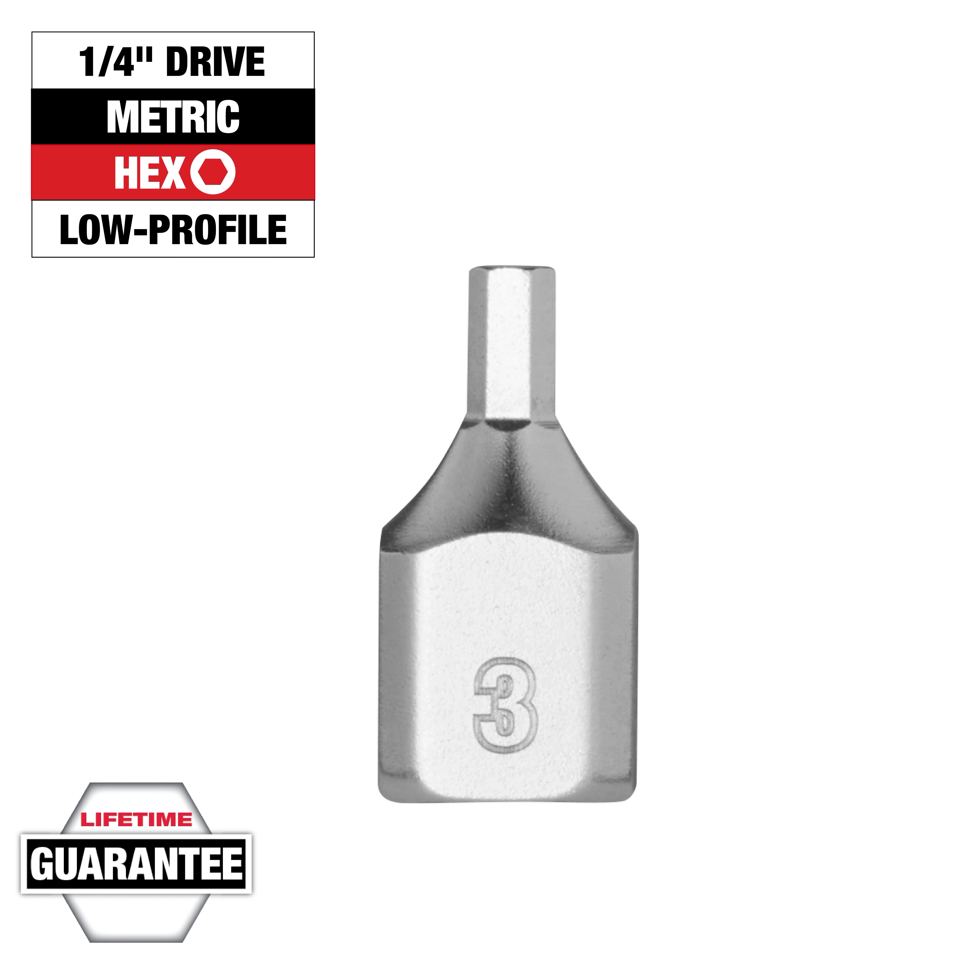 1/4" Drive 3mm Low-Profile Hex Bit Socket with the number "3" on its side. Text labels include metric, hex, low-profile, and lifetime guarantee.