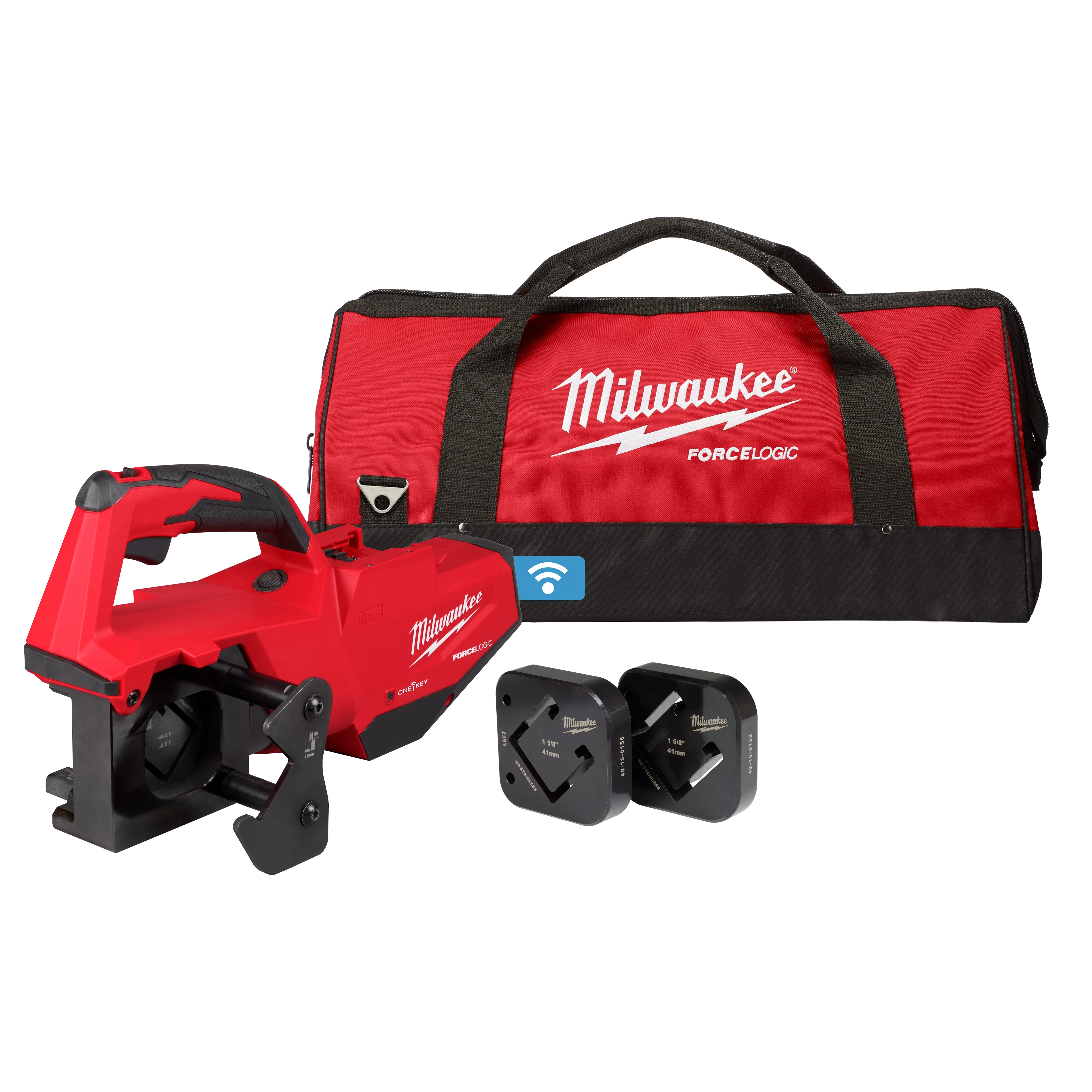 The M18™ FORCE LOGIC™ Single Channel Strut Shear tool is shown with two cutting heads and a red and black carrying case. The tool is bright red with black accents, and the carrying case features the Milwaukee logo and FORCE LOGIC branding.