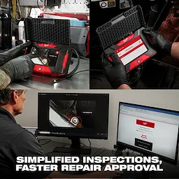 The M12™ Auto Shop Borescope w/ Wi-Fi® File Sharing is shown being used in a workshop, with an image displayed on a computer screen. The product features simplified inspection tools and enables faster repair approvals.