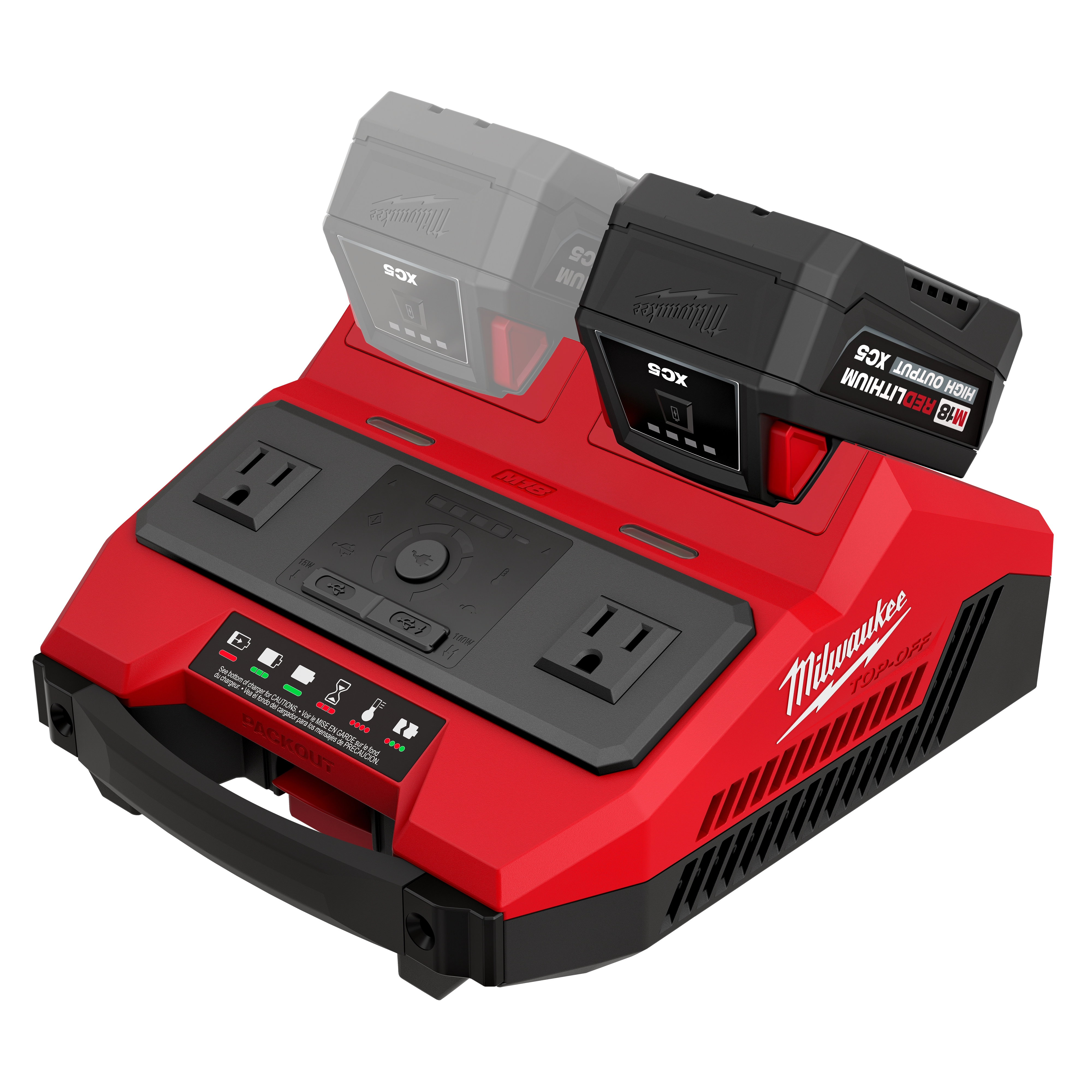 Block Photography image of a red dual battery charging station with two batteries and front control panel.