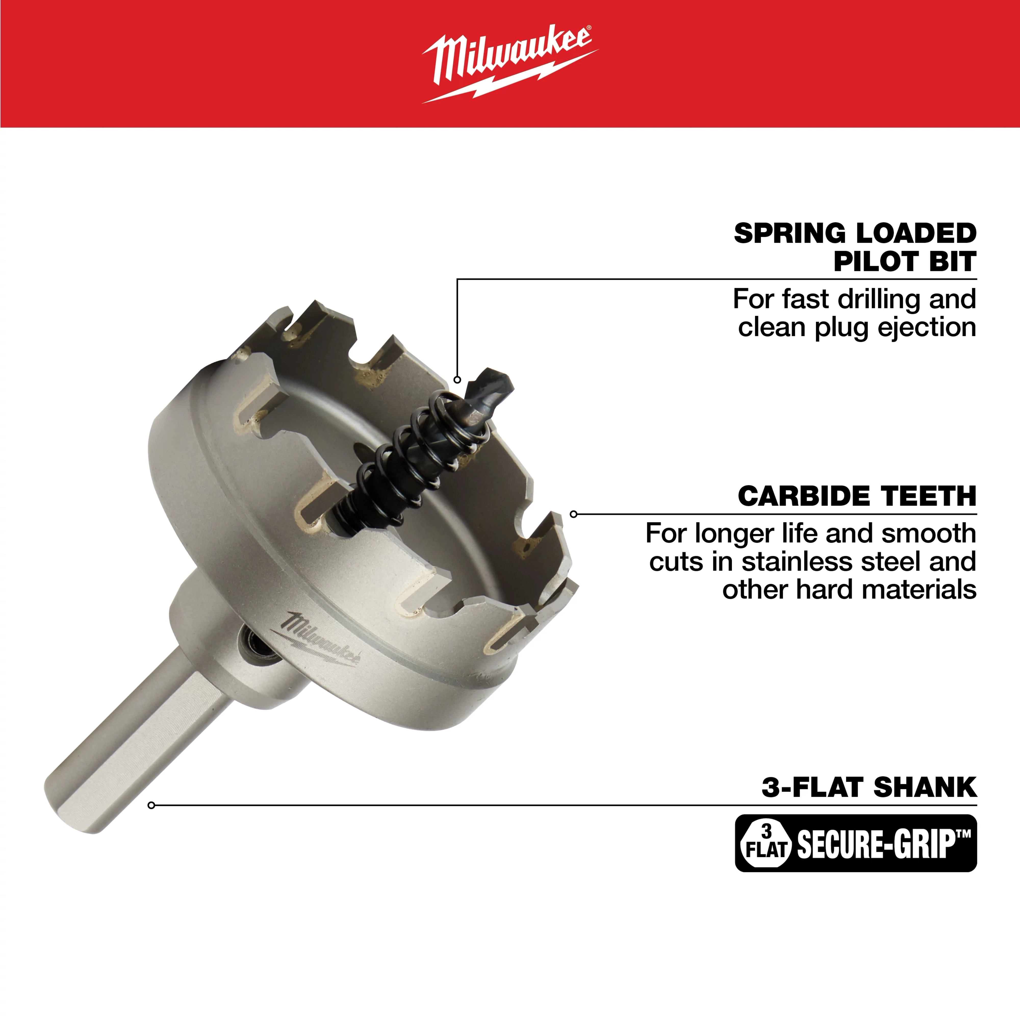 Milwaukee 2 in. Carbide Hole Cutter (1-Pack) features spring-loaded pilot bit for fast drilling and clean plug ejection, carbide teeth for longer life when cutting stainless steel and other hard materials, and a 3-flat shank for a secure grip during use.