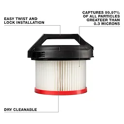 The HEPA Filter features easy twist and lock installation, dry cleanability, and captures 99.97% of all particles greater than 0.3 microns. It has a black handle, white pleated filter material, and a red base.