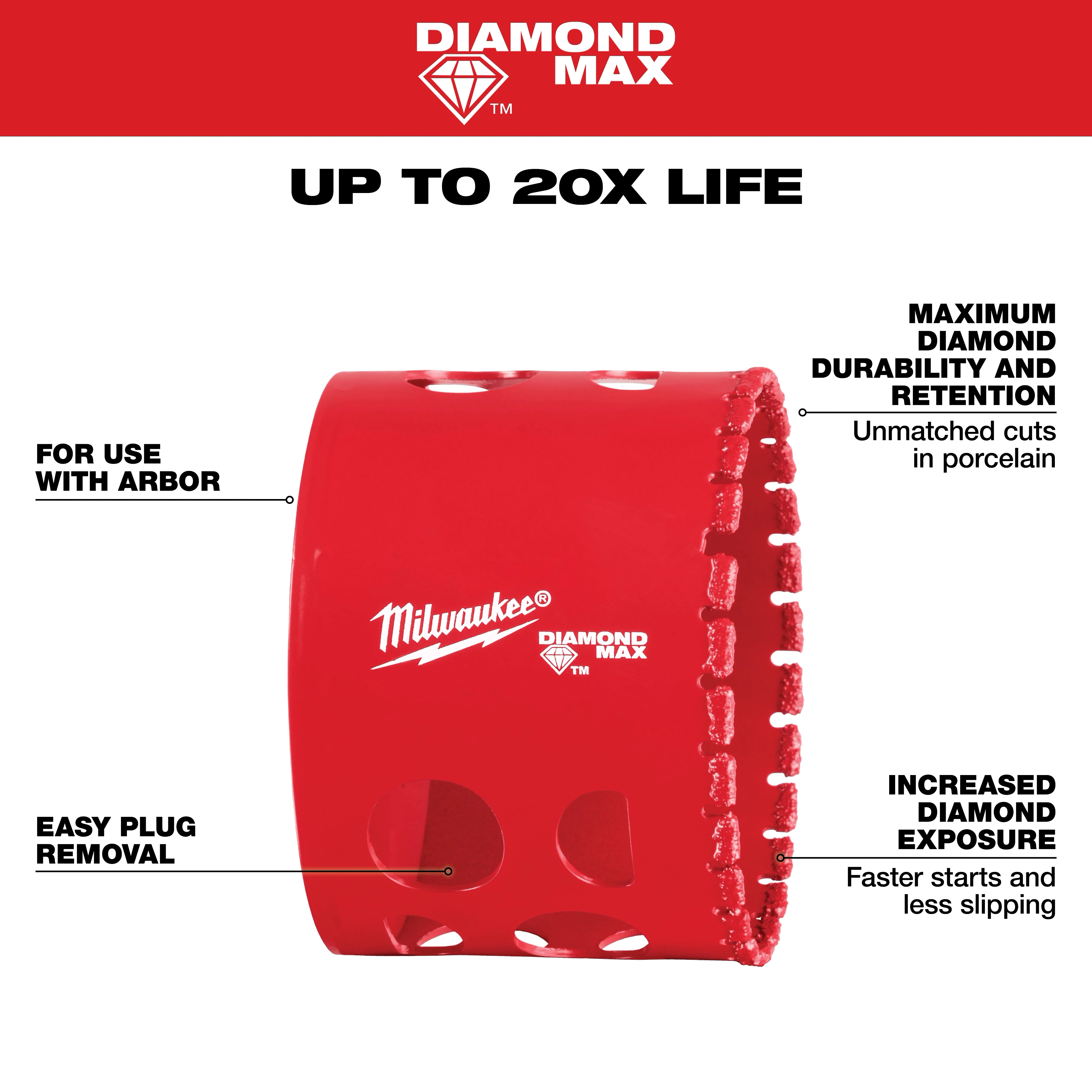 Milwaukee 2-3/8" Diamond Max Hole Saw, red with multiple cutting edges, features for use with arbor, easy plug removal, and increased diamond exposure.
