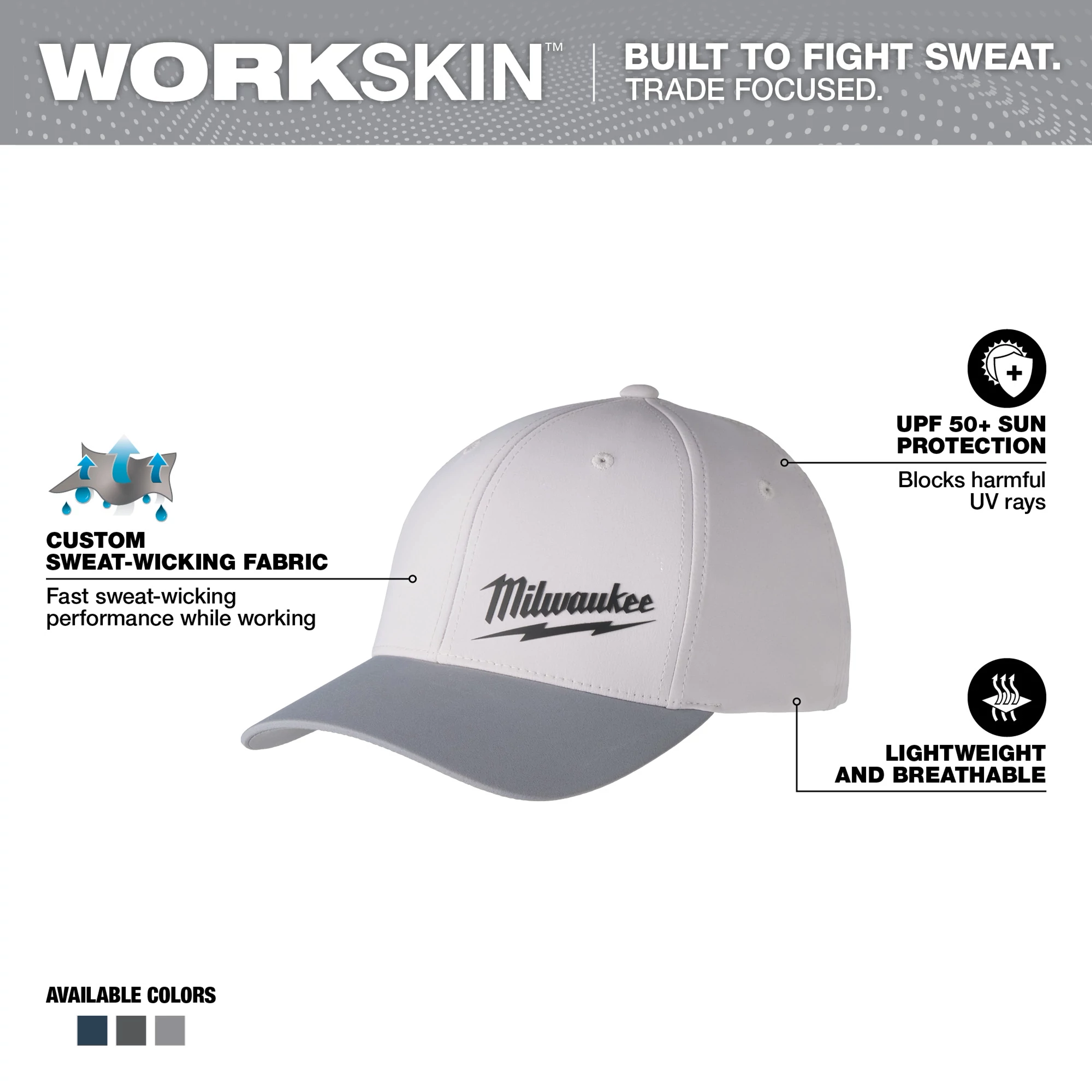 WORKSKIN Performance Fitted Hat - Gray Walkaround featuring custom sweat-wicking fabric, UPF 50+ sun protection, and lightweight breathable design.