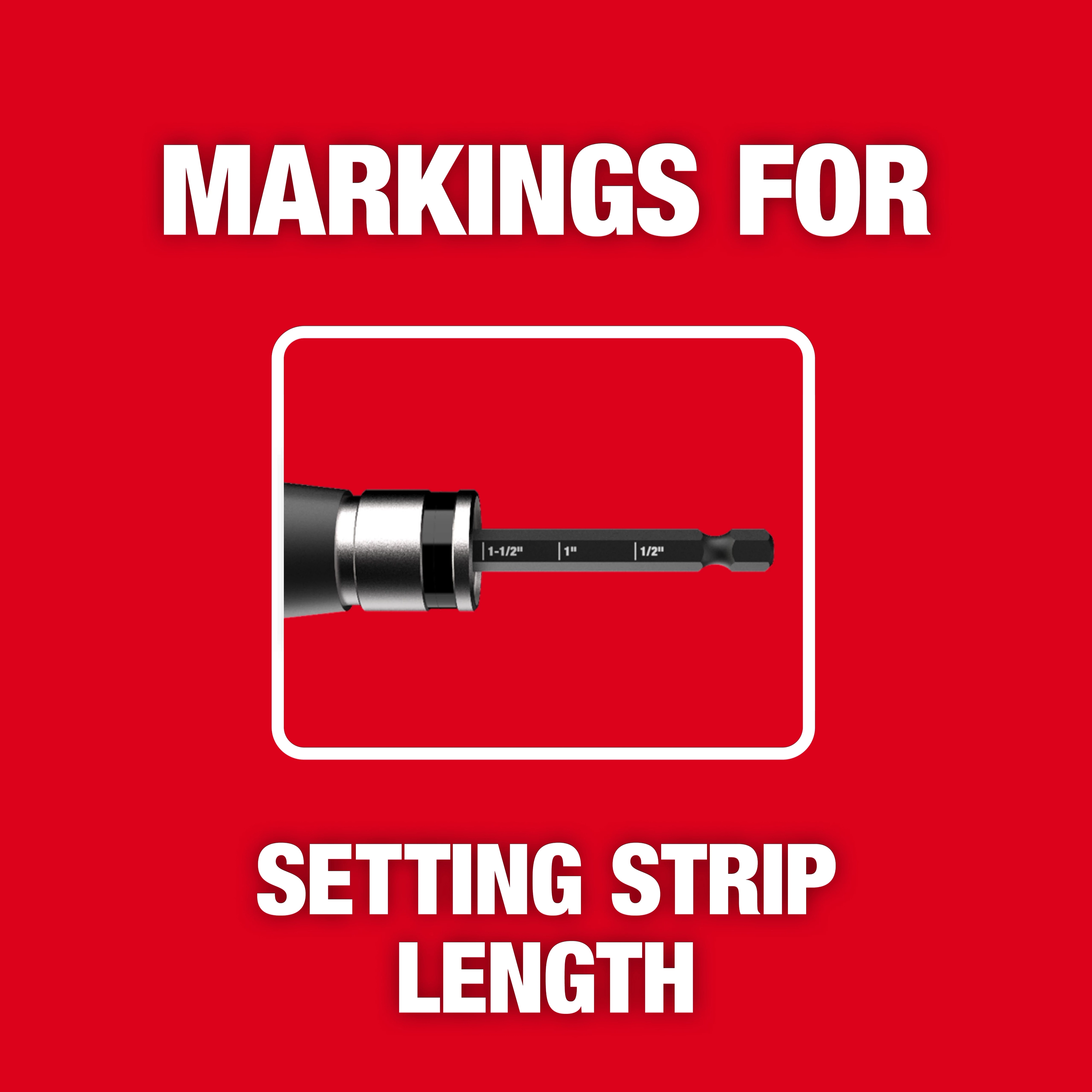 The AWG Solid Wire Stripper features clear markings for setting strip length. The image shows a close-up of the tool with measurements of 1-1/2", 1", and 1/2" labeled on the shaft, designed for precise wire stripping. The background is red with white text.