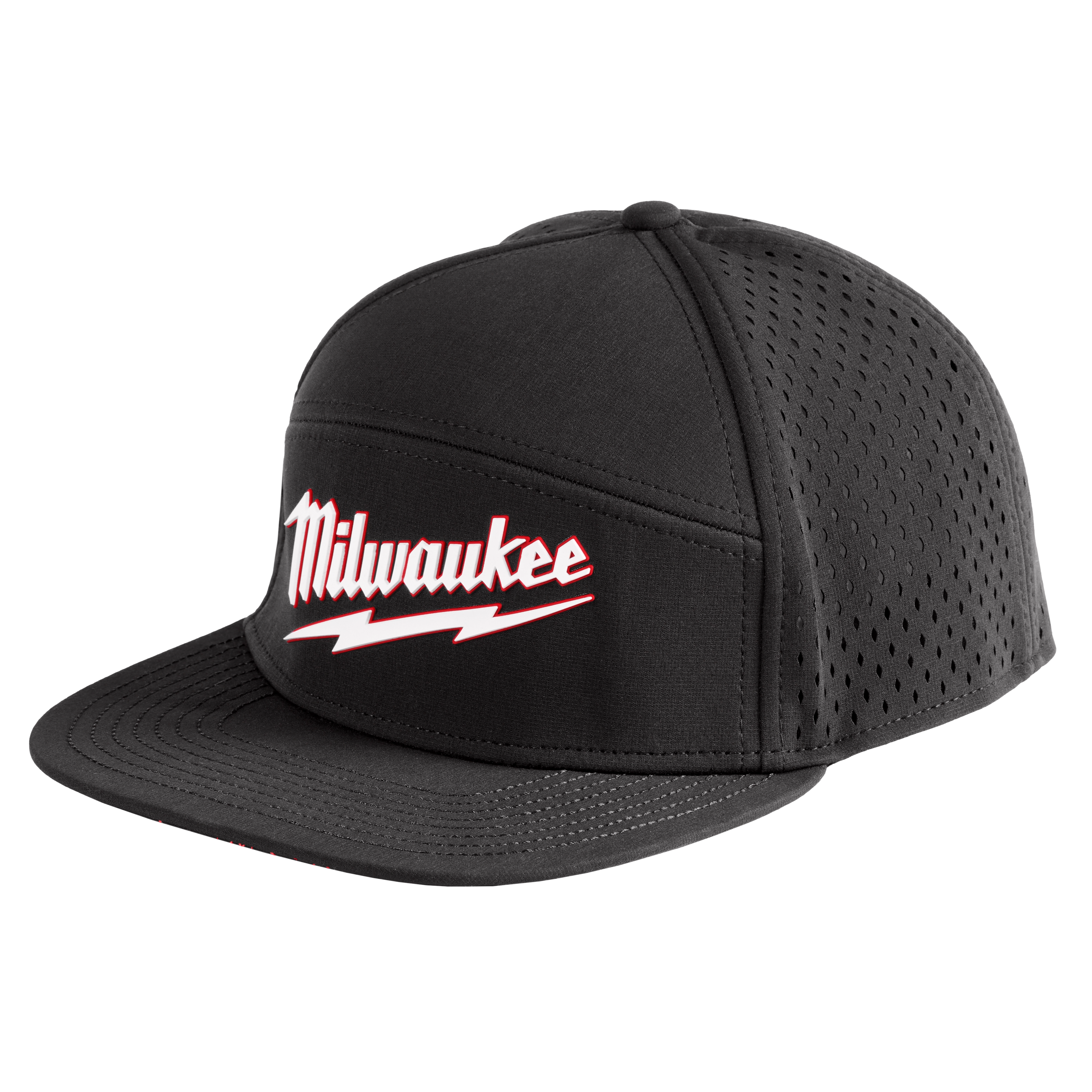 Flat Brim Snapback in black with a red and white “Milwaukee” logo on the front panel and perforated sides for ventilation.