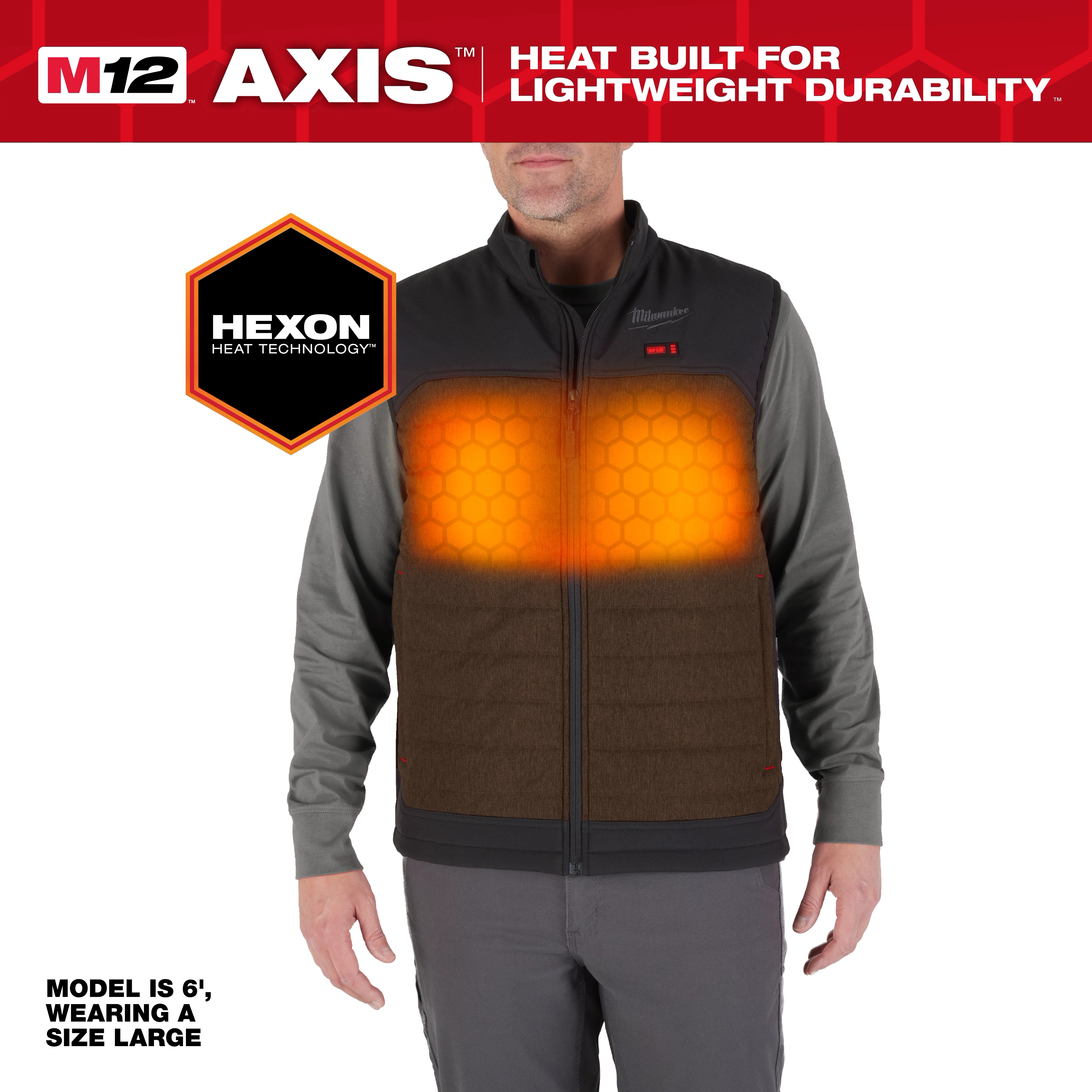 M12 Heated AXIS Jacket with Hexon Heat Technology, shown in black and grey. Model is 6' tall, wearing a large size.