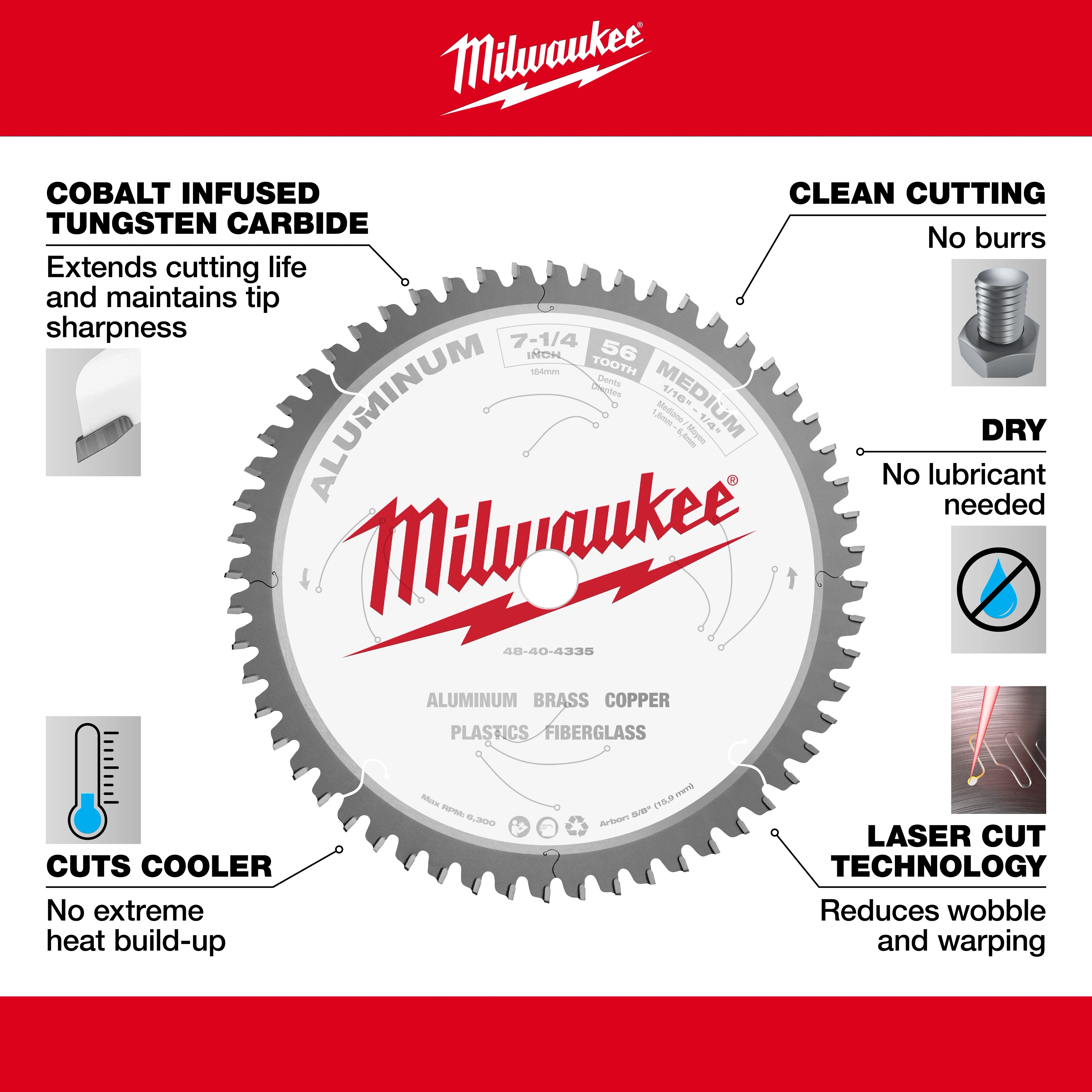 Milwaukee 48-40-4335 Walkaround circular saw blade for aluminum, brass, copper, plastics, and fiberglass. Features tungsten carbide, clean cutting, and laser cut technology.