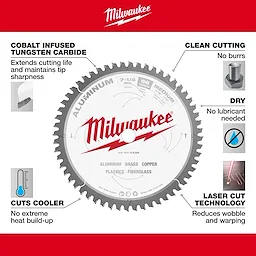Milwaukee 48-40-4335 Walkaround circular saw blade for aluminum, brass, copper, plastics, and fiberglass. Features tungsten carbide, clean cutting, and laser cut technology.