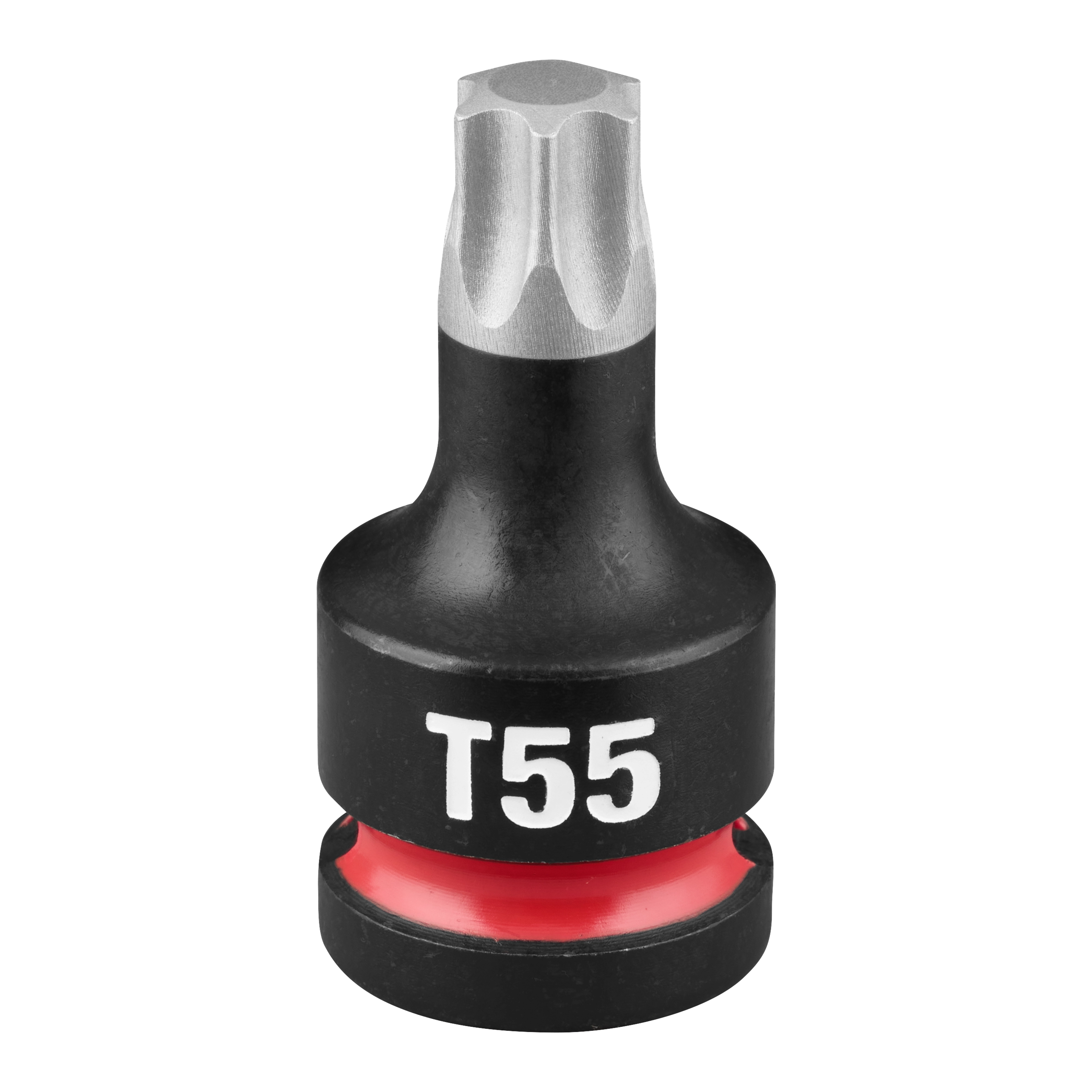 SHOCKWAVE Impact Duty 1/2" Drive 2" Torx T55 Bit Socket. The bit socket is black with a silver Torx T55 tip and a red band near the base, marked with "T55" in white text.