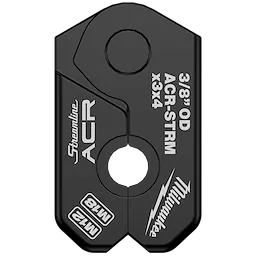 The 3/8" Streamline® ACR Pivoting Press Ring is a black tool with openings and markings for 3/8" OD ACR-STRM, x3x4, and M12. It features the Streamline ACR and Milwaukee logos.