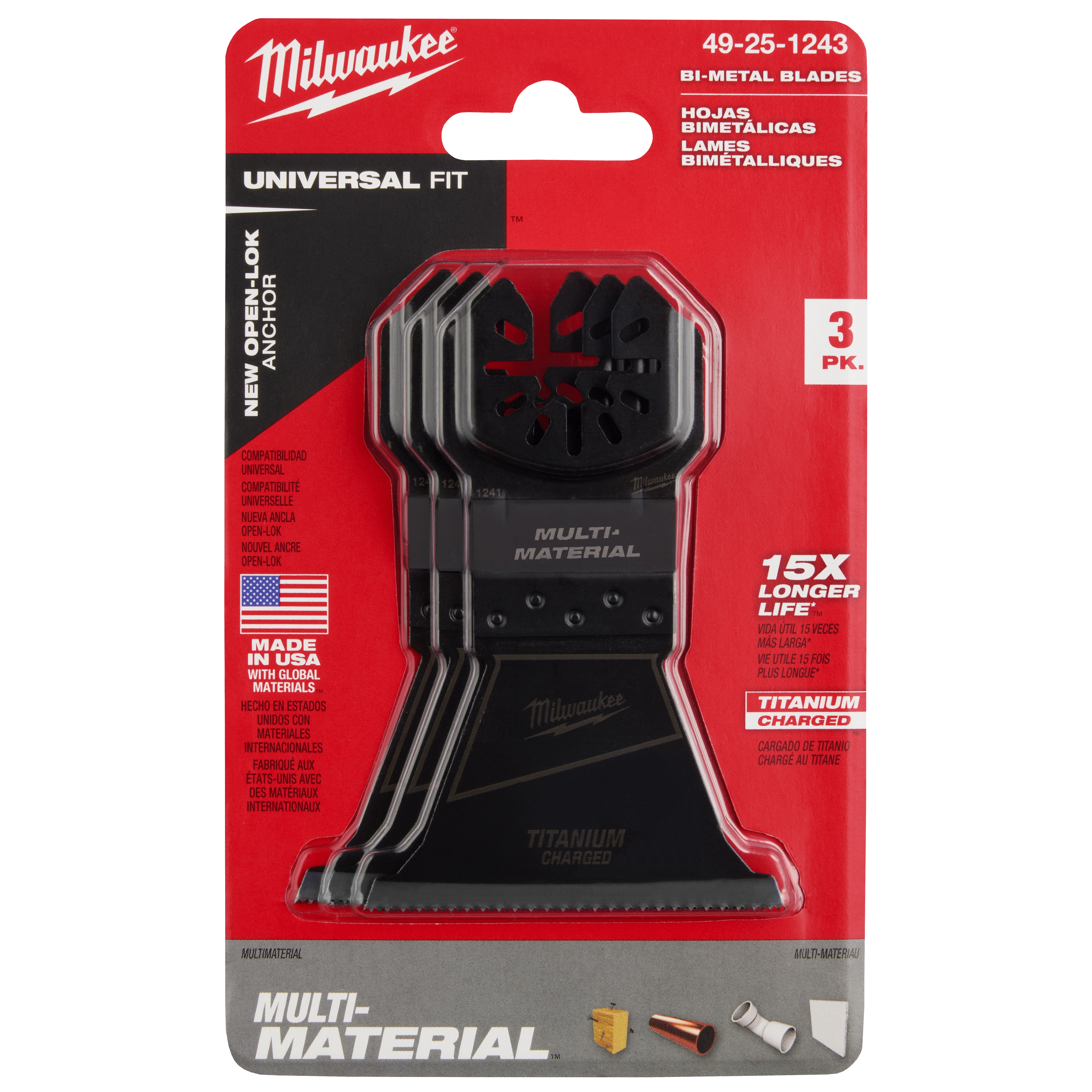 Milwaukee Universal Fit 2-1/2" Titanium Charged Bi-Metal Multi-Material Multi-Tool Blades 3PK in factory-sealed red packaging.