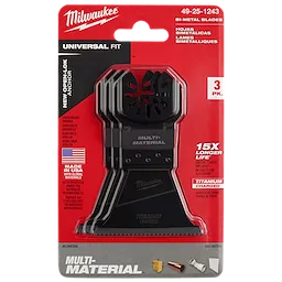 Milwaukee Universal Fit 2-1/2" Titanium Charged Bi-Metal Multi-Material Multi-Tool Blades 3PK in factory-sealed red packaging.