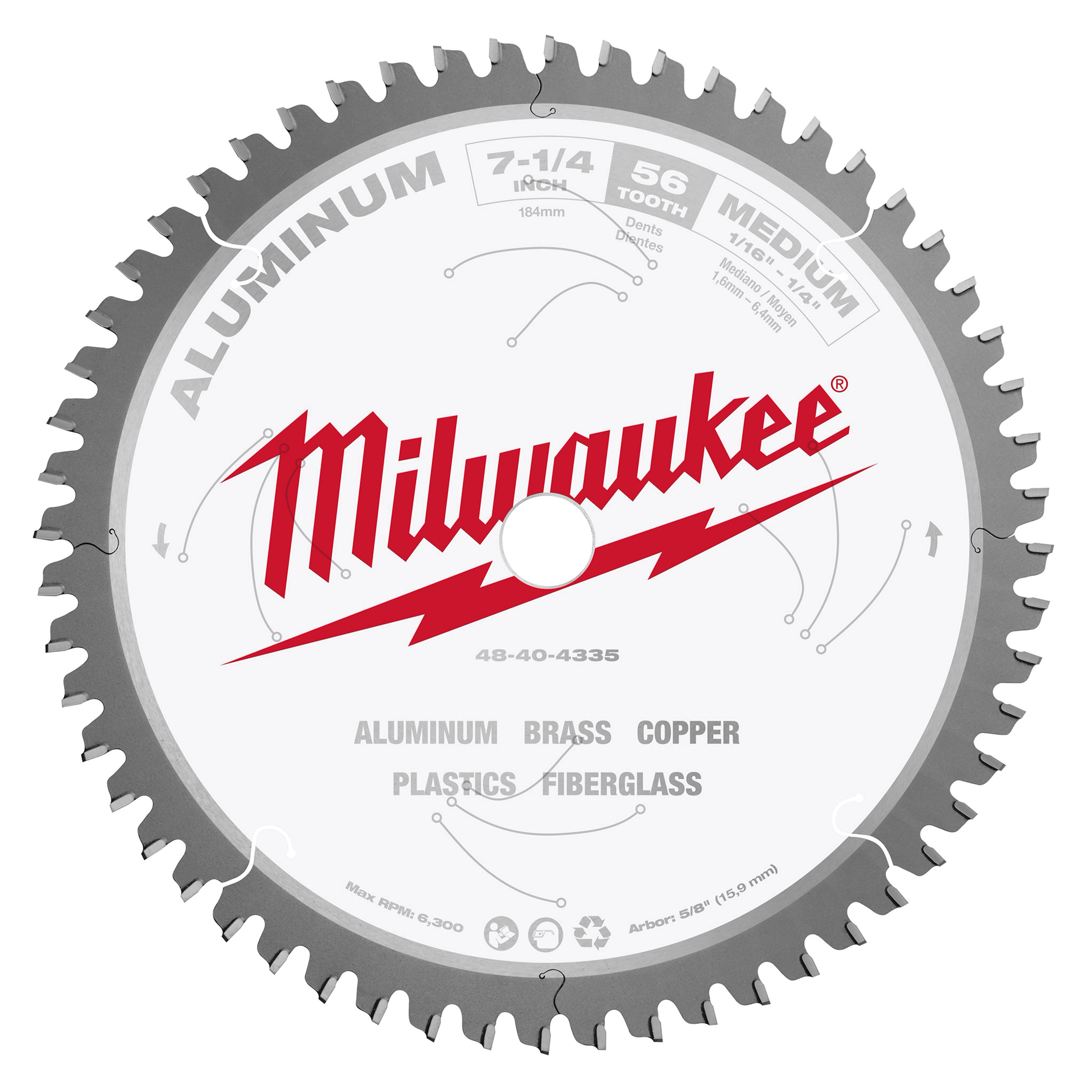 Milwaukee 7-1/4" Aluminum Cutting Circular Saw Blade with 56 teeth. Suitable for cutting aluminum, brass, copper, plastics, and fiberglass.