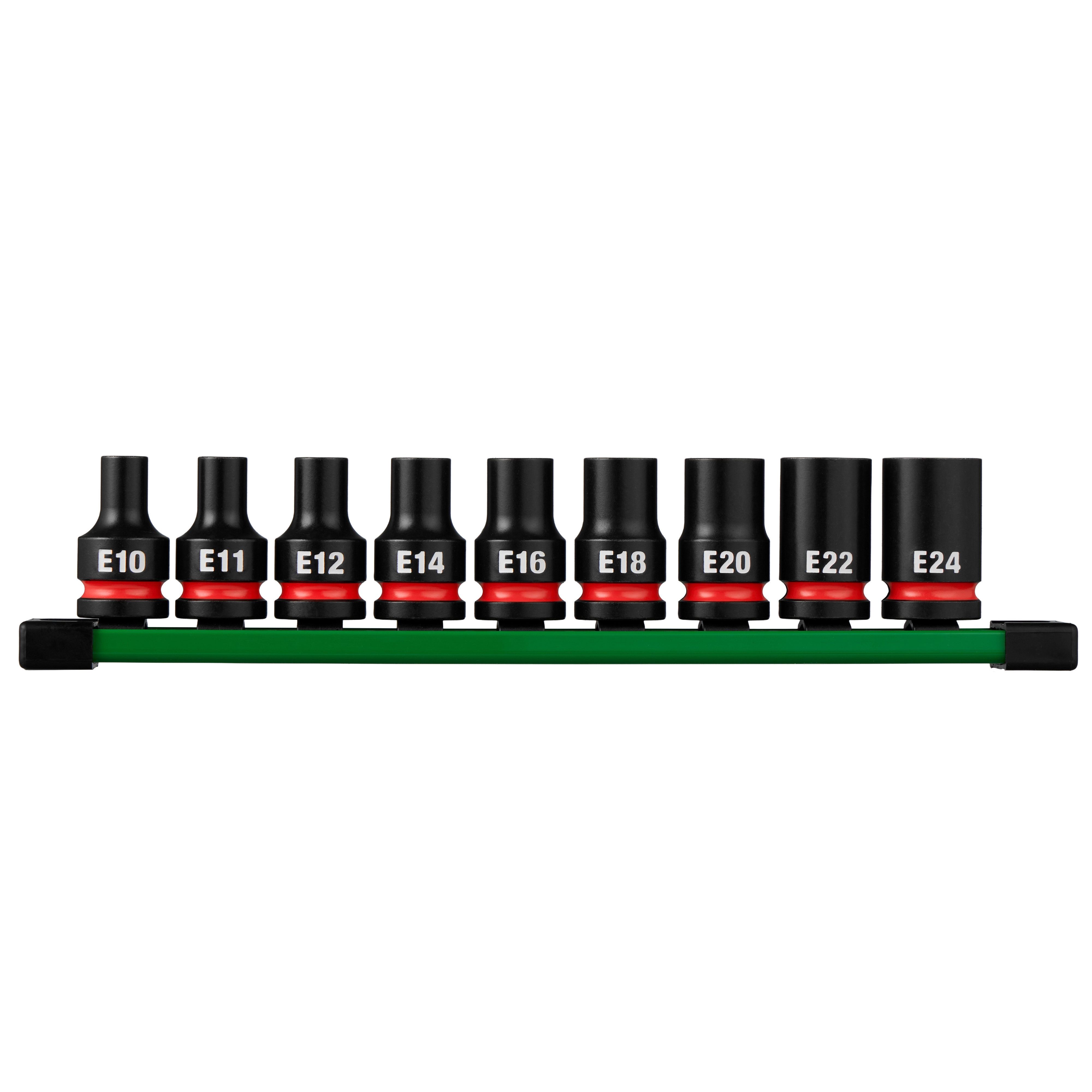 9PC SHOCKWAVE Impact Duty 1/2" Drive E-Torx Bit Socket Set arranged on a rail with labeled E10–E24 sockets.