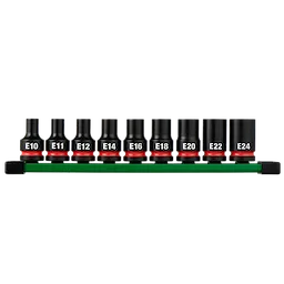 9PC SHOCKWAVE Impact Duty 1/2" Drive E-Torx Bit Socket Set arranged on a rail with labeled E10–E24 sockets.