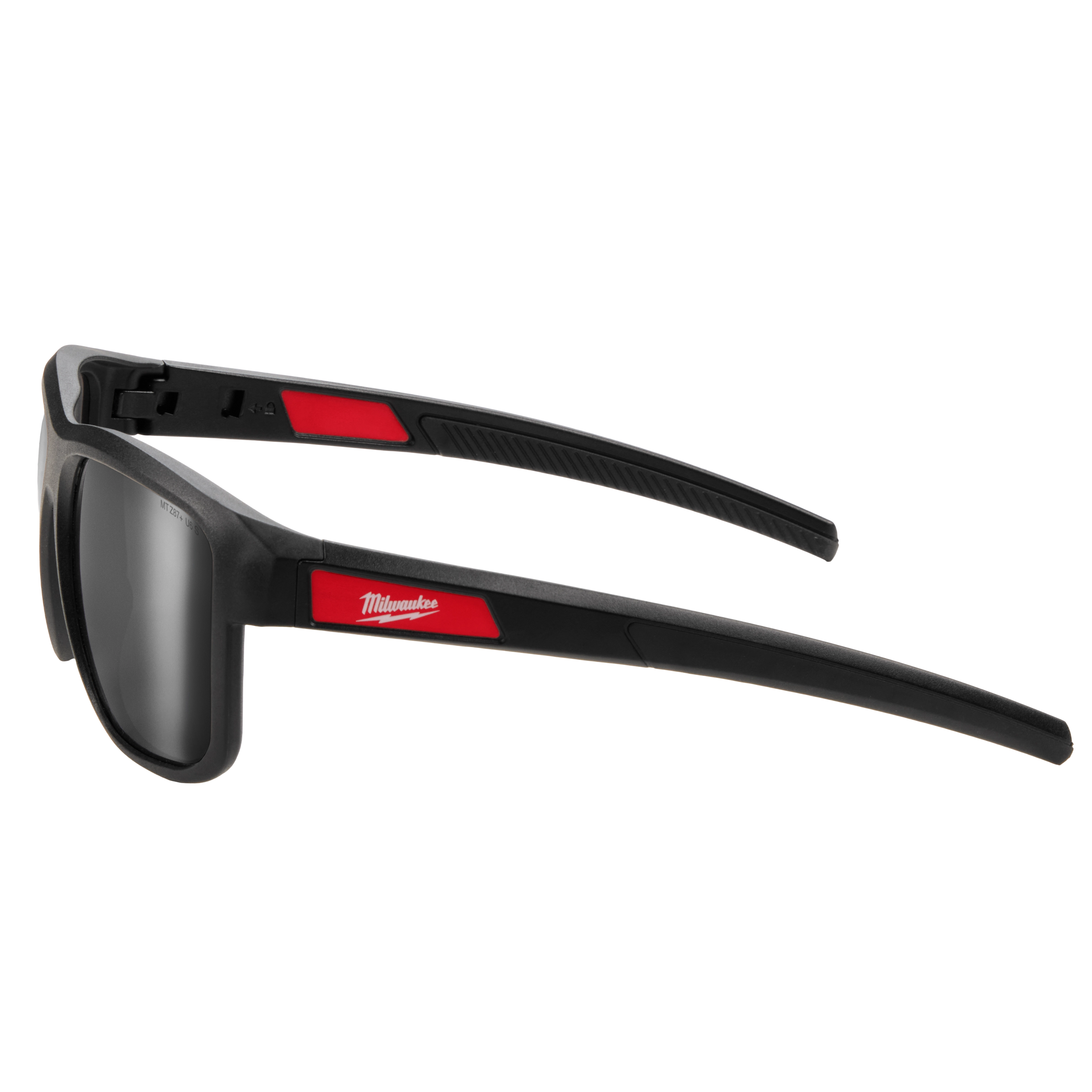 Full Frame Safety Glasses with Removable Side Shields – Silver Mirrored Anti-Scratch Lenses feature a black frame with red accents. They offer eye protection with anti-scratch mirrored lenses and removable side shields for additional safety.
